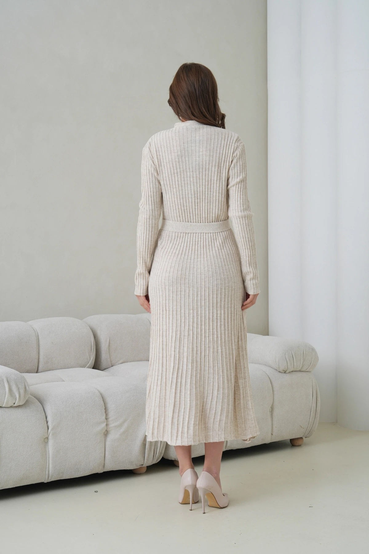 Kadın V Yaka Ful Düğme Kapama Kemer Detay Maksi Boy Fitilli Triko Elbise