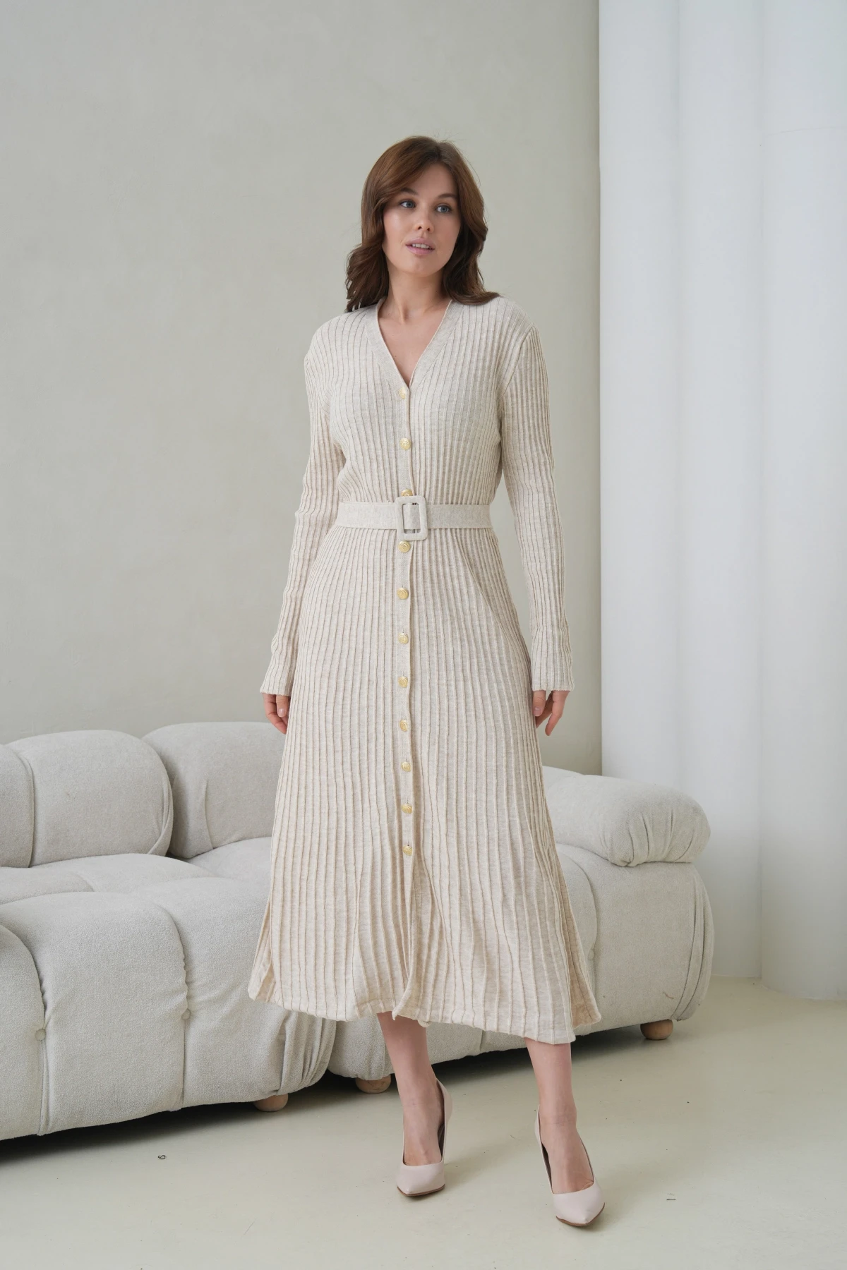 Kadın V Yaka Ful Düğme Kapama Kemer Detay Maksi Boy Fitilli Triko Elbise