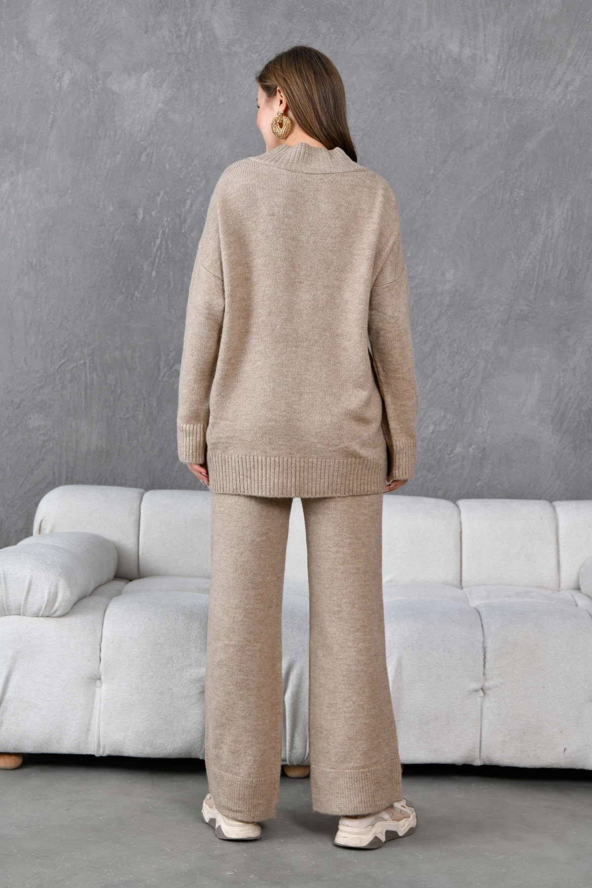 Kadın V Yaka Örgü Detay Oversize Kazak Pantolon İkili Triko Takım