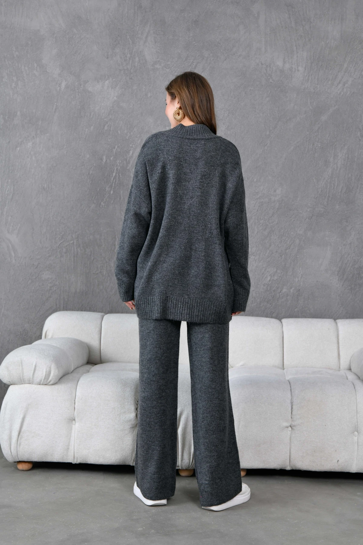 Kadın V Yaka Örgü Detay Oversize Kazak Pantolon İkili Triko Takım