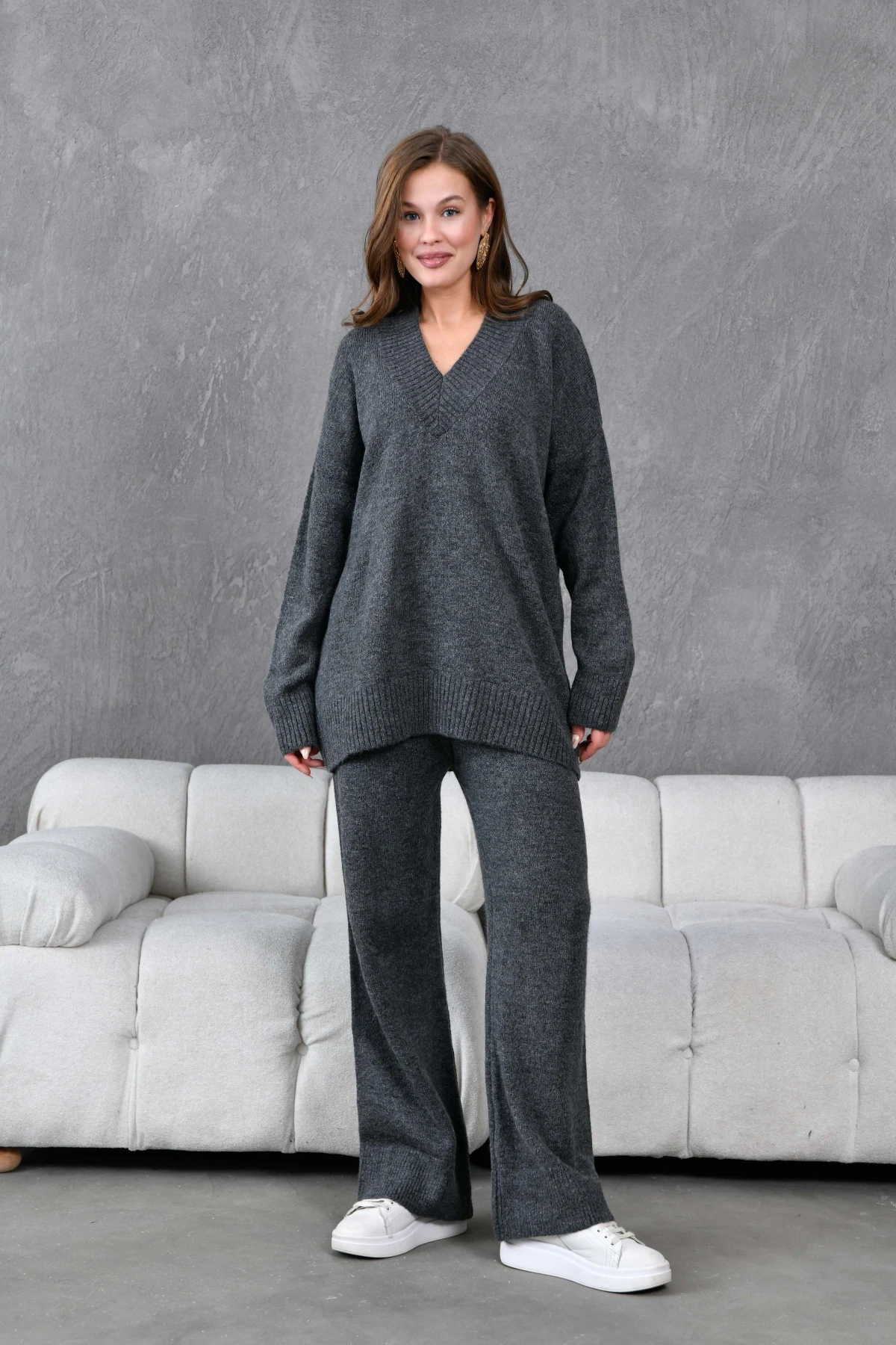 Kadın V Yaka Örgü Detay Oversize Kazak Pantolon İkili Triko Takım