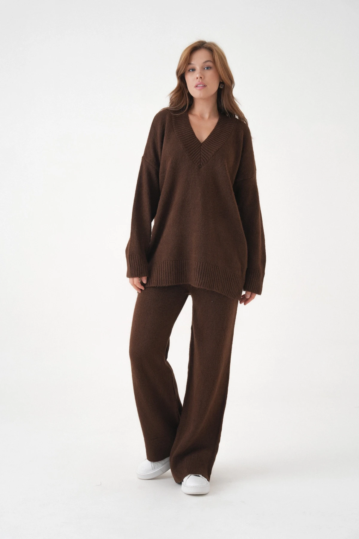 Kadın V Yaka Örgü Detay Oversize Kazak Pantolon İkili Triko Takım