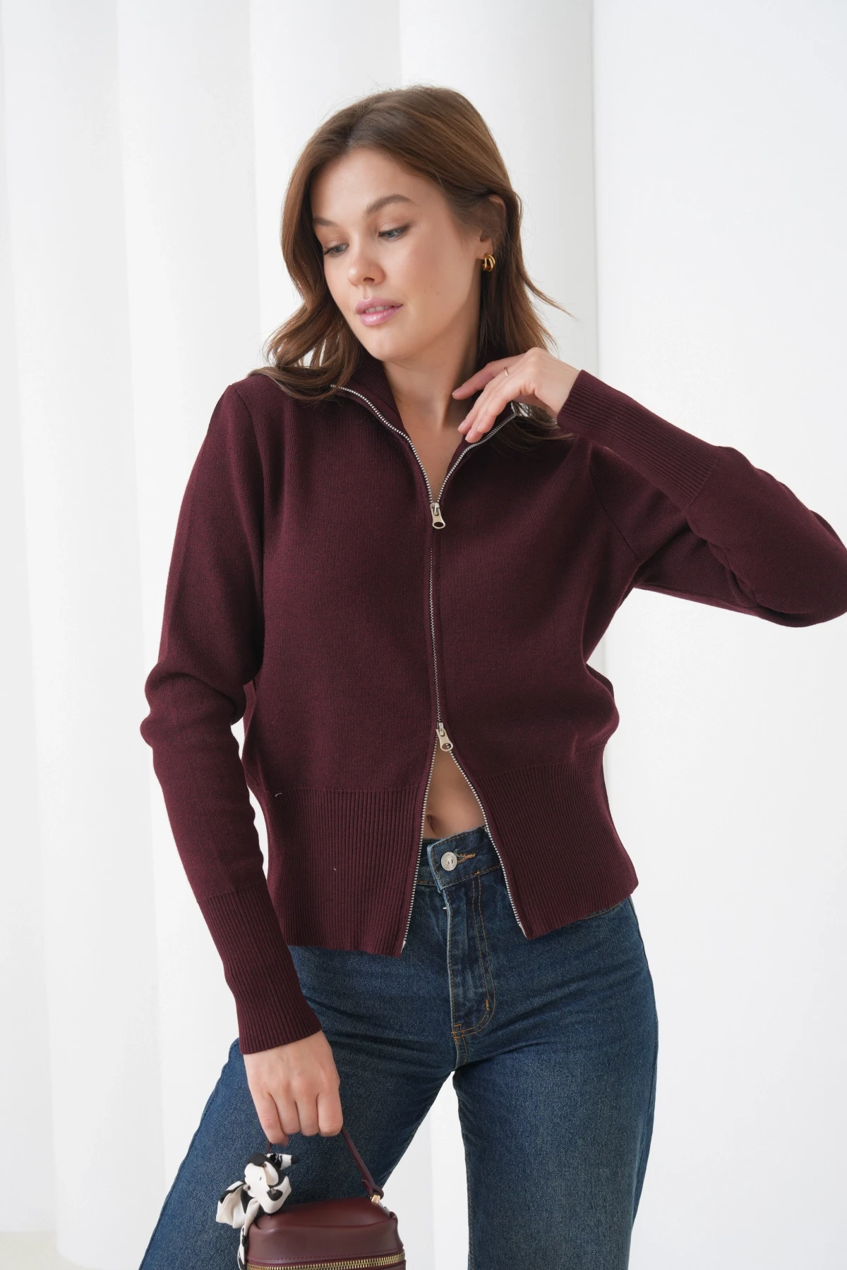 Kadın Yarım Balıkçı Fermuar Kapama Premium İplik  Yumuşak Dokulu Triko Kazak