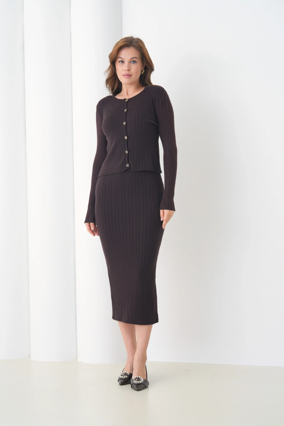 Kadın bisiklet Yaka Düğme Kapama Kaşkorse Ceket Elbise İkili Triko Takım