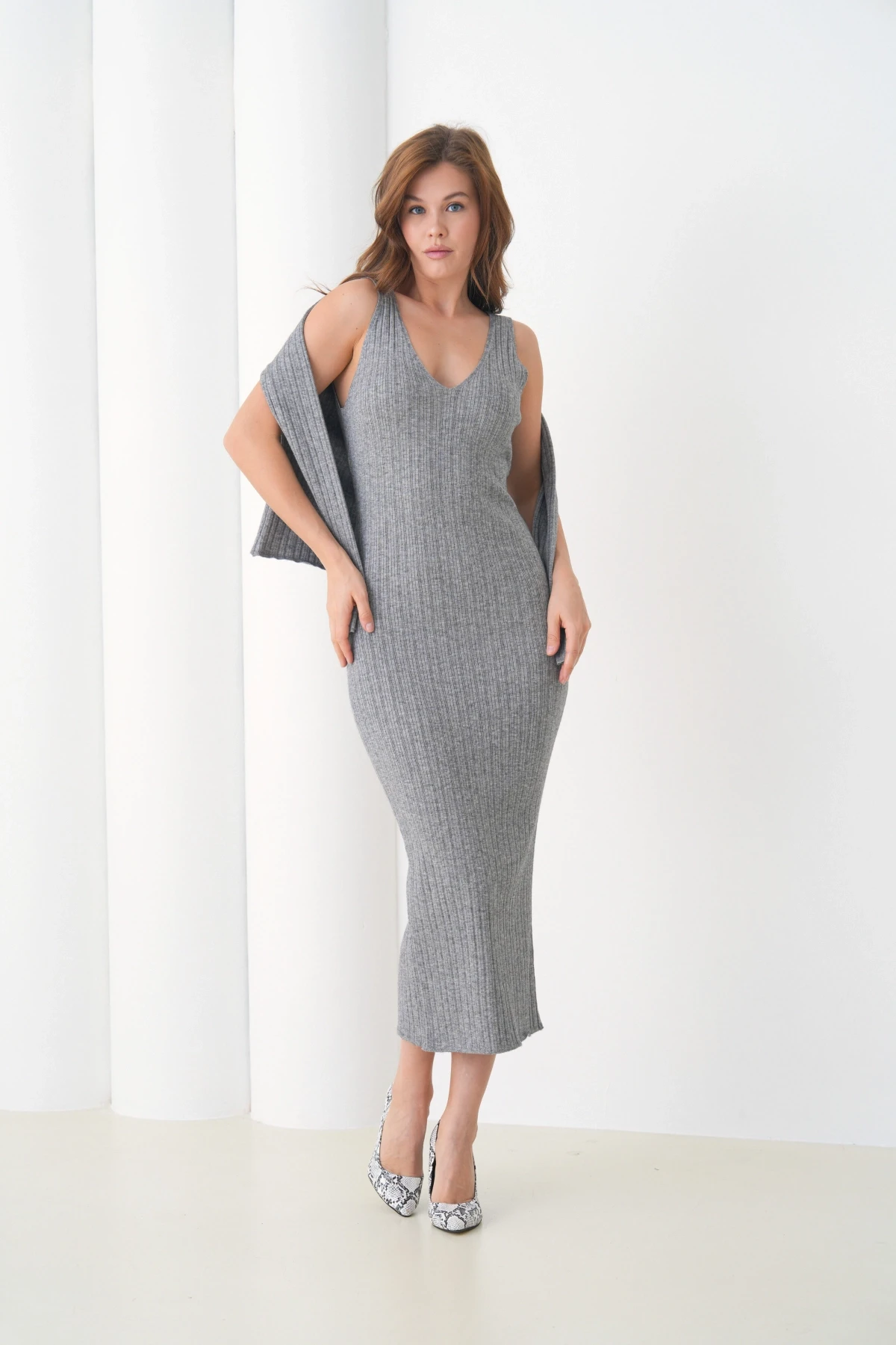 Kadın bisiklet Yaka Düğme Kapama Kaşkorse Ceket Elbise İkili Triko Takım