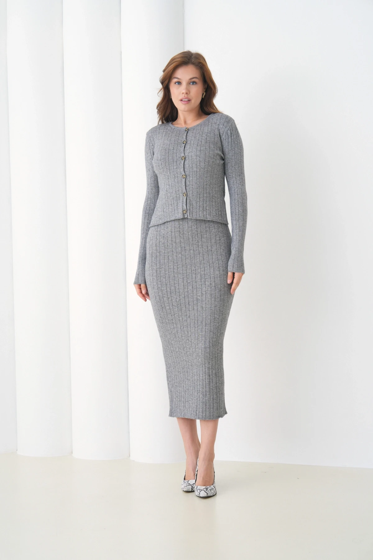 Kadın bisiklet Yaka Düğme Kapama Kaşkorse Ceket Elbise İkili Triko Takım