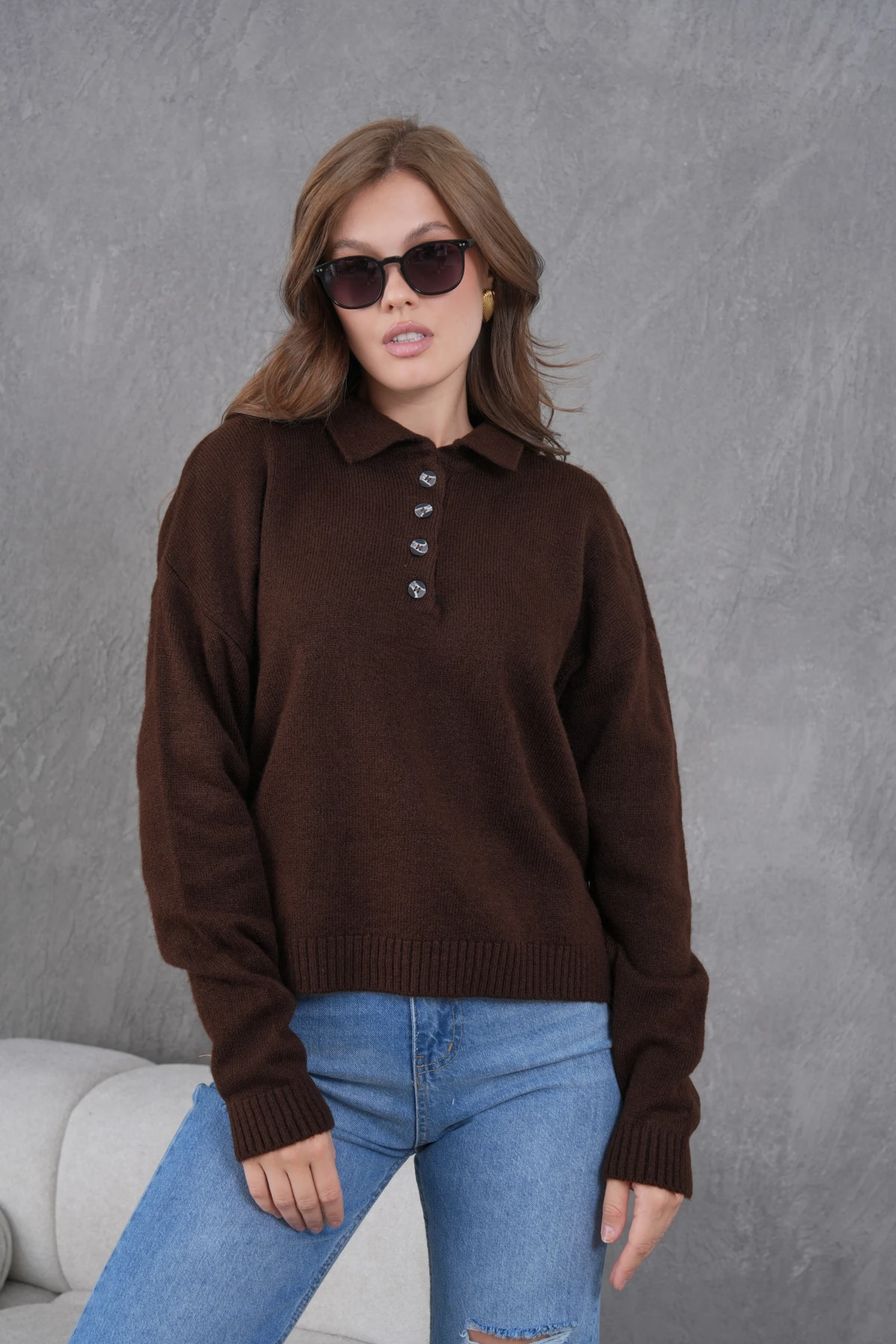 Kadınpolo Yaka Yarım Pat Düğme Salaş Triko Kazak