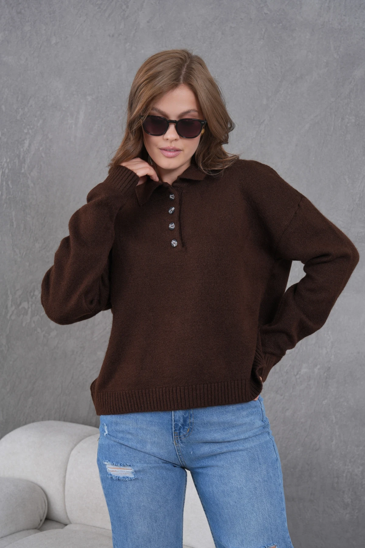 Kadınpolo Yaka Yarım Pat Düğme Salaş Triko Kazak