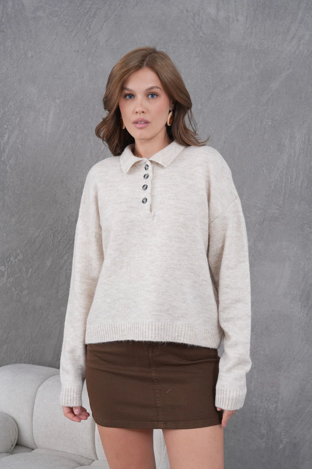 Kadınpolo Yaka Yarım Pat Düğme Salaş Triko Kazak