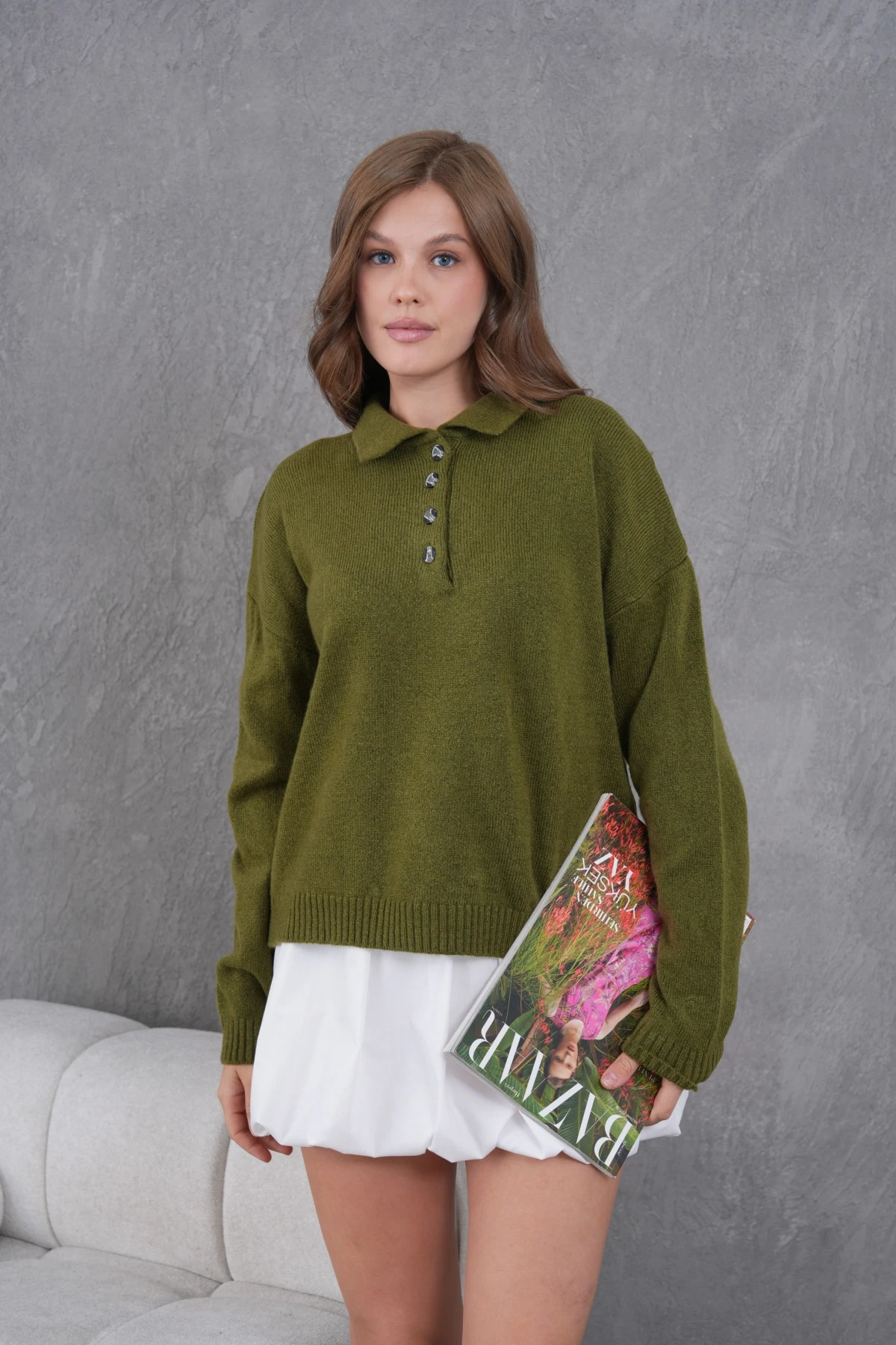 Kadınpolo Yaka Yarım Pat Düğme Salaş Triko Kazak