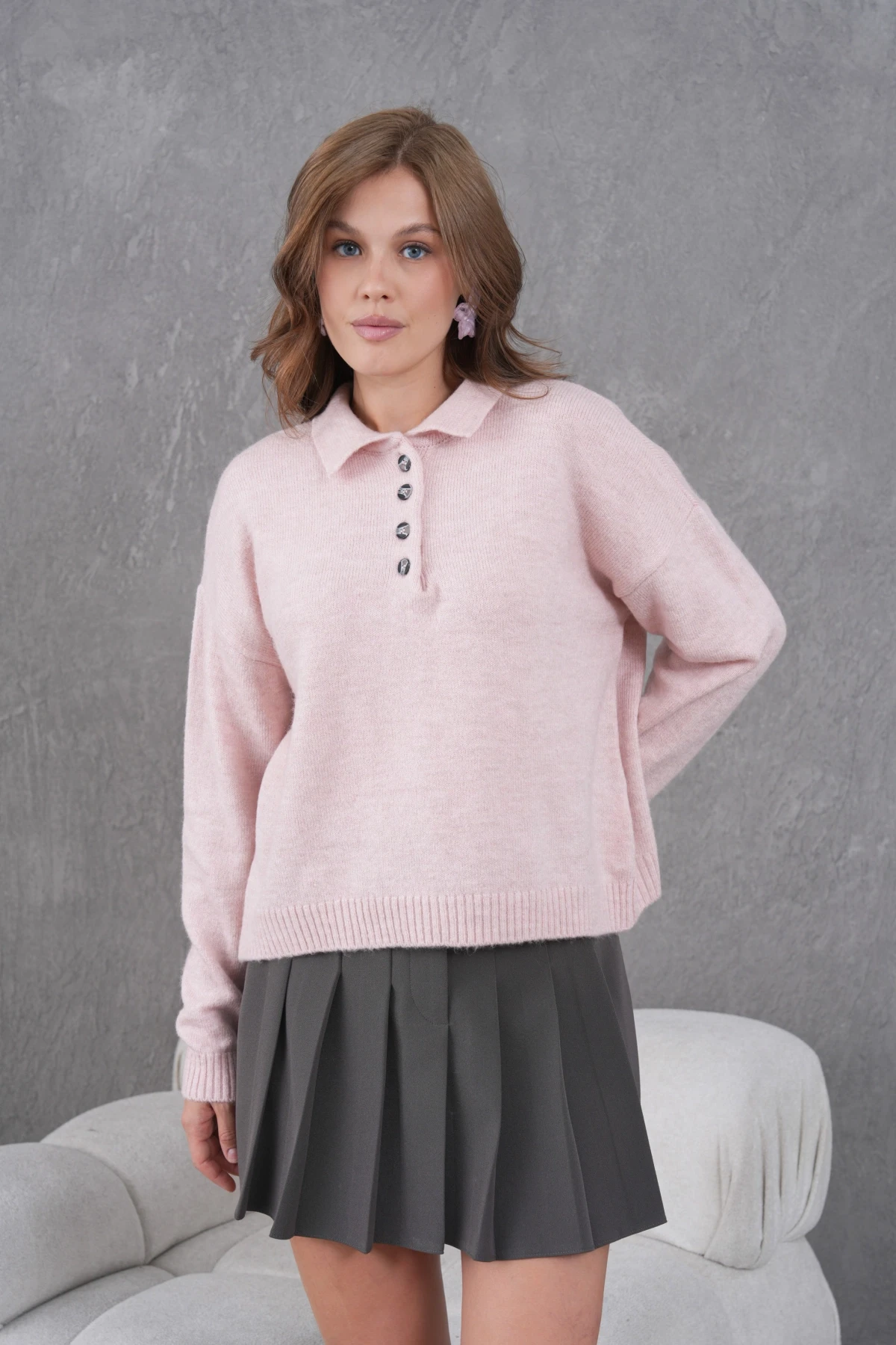 Kadınpolo Yaka Yarım Pat Düğme Salaş Triko Kazak