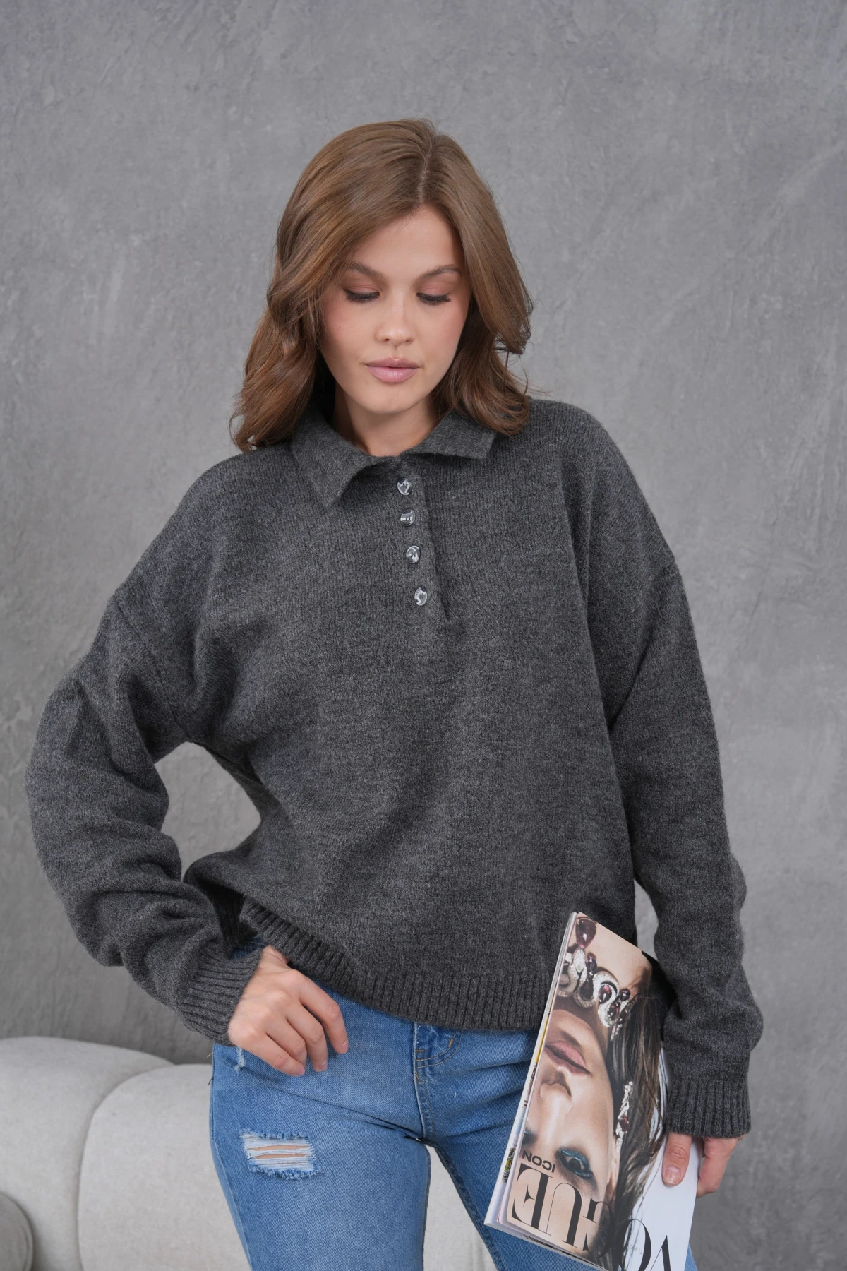 Kadınpolo Yaka Yarım Pat Düğme Salaş Triko Kazak