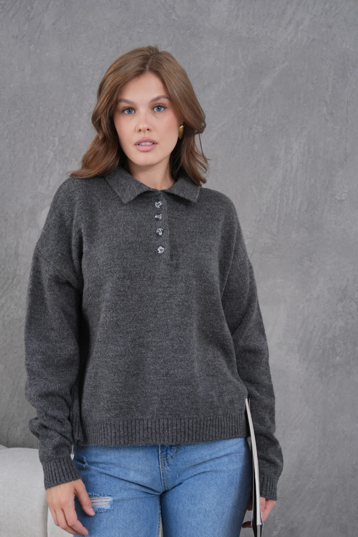 Kadınpolo Yaka Yarım Pat Düğme Salaş Triko Kazak