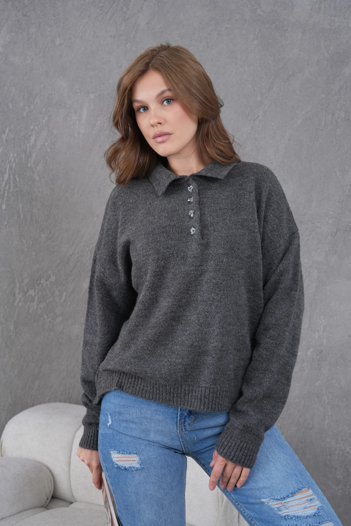 Kadınpolo Yaka Yarım Pat Düğme Salaş Triko Kazak