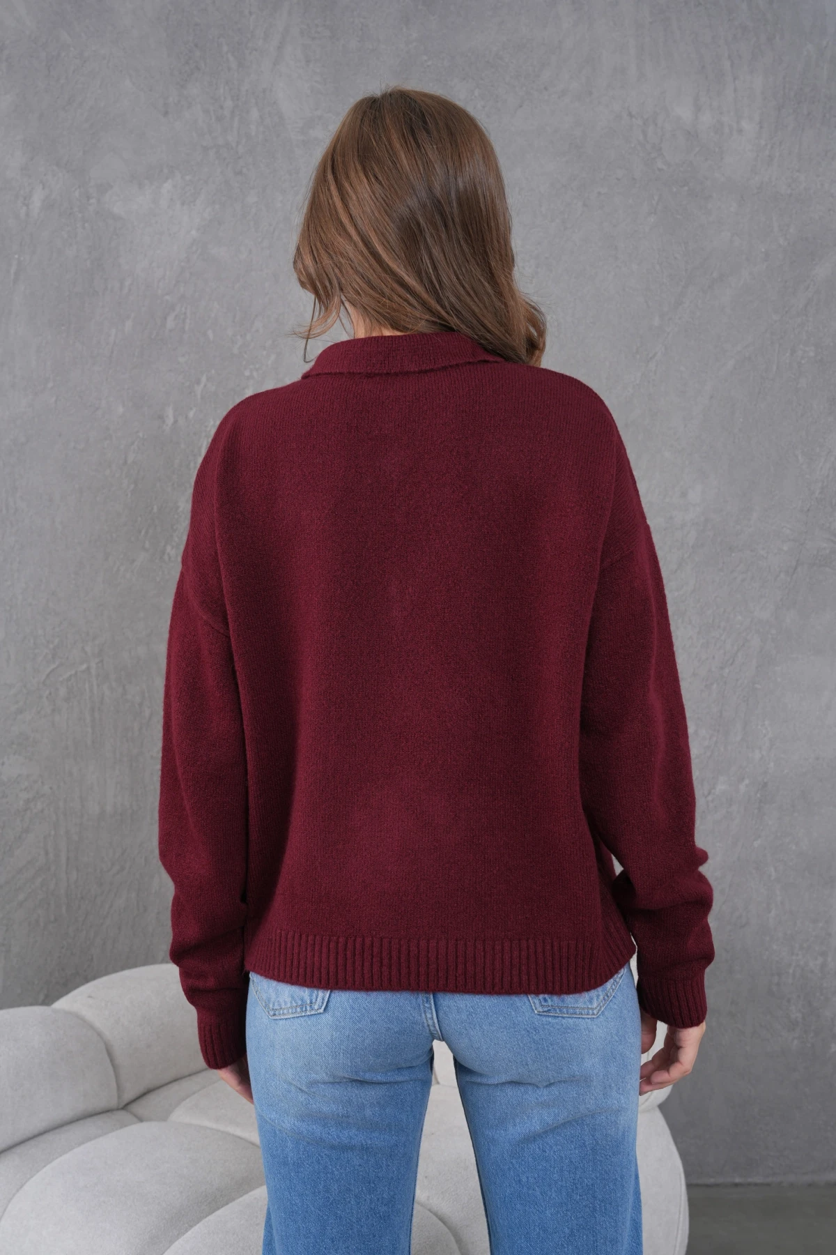 Kadınpolo Yaka Yarım Pat Düğme Salaş Triko Kazak