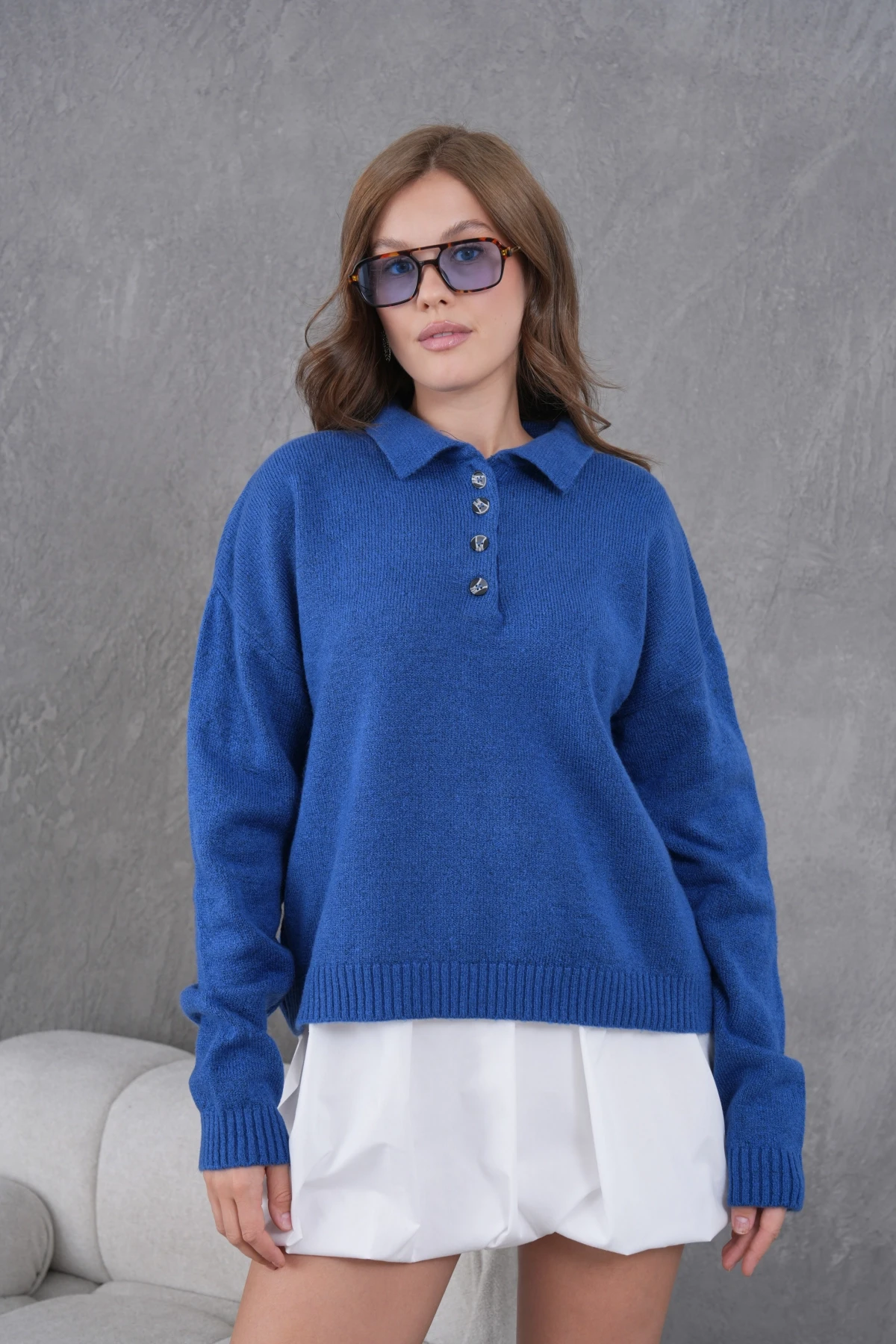 Kadınpolo Yaka Yarım Pat Düğme Salaş Triko Kazak