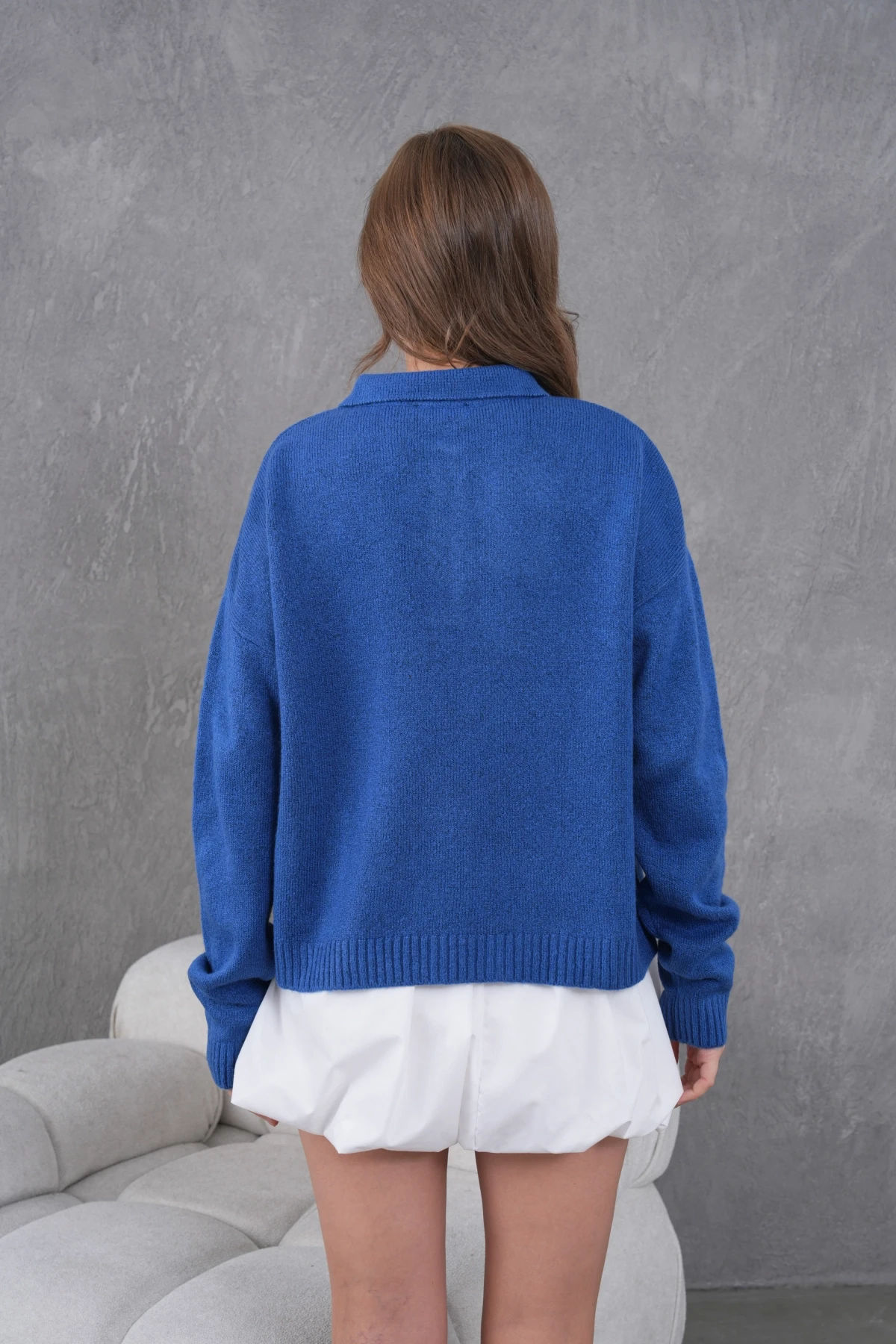 Kadınpolo Yaka Yarım Pat Düğme Salaş Triko Kazak