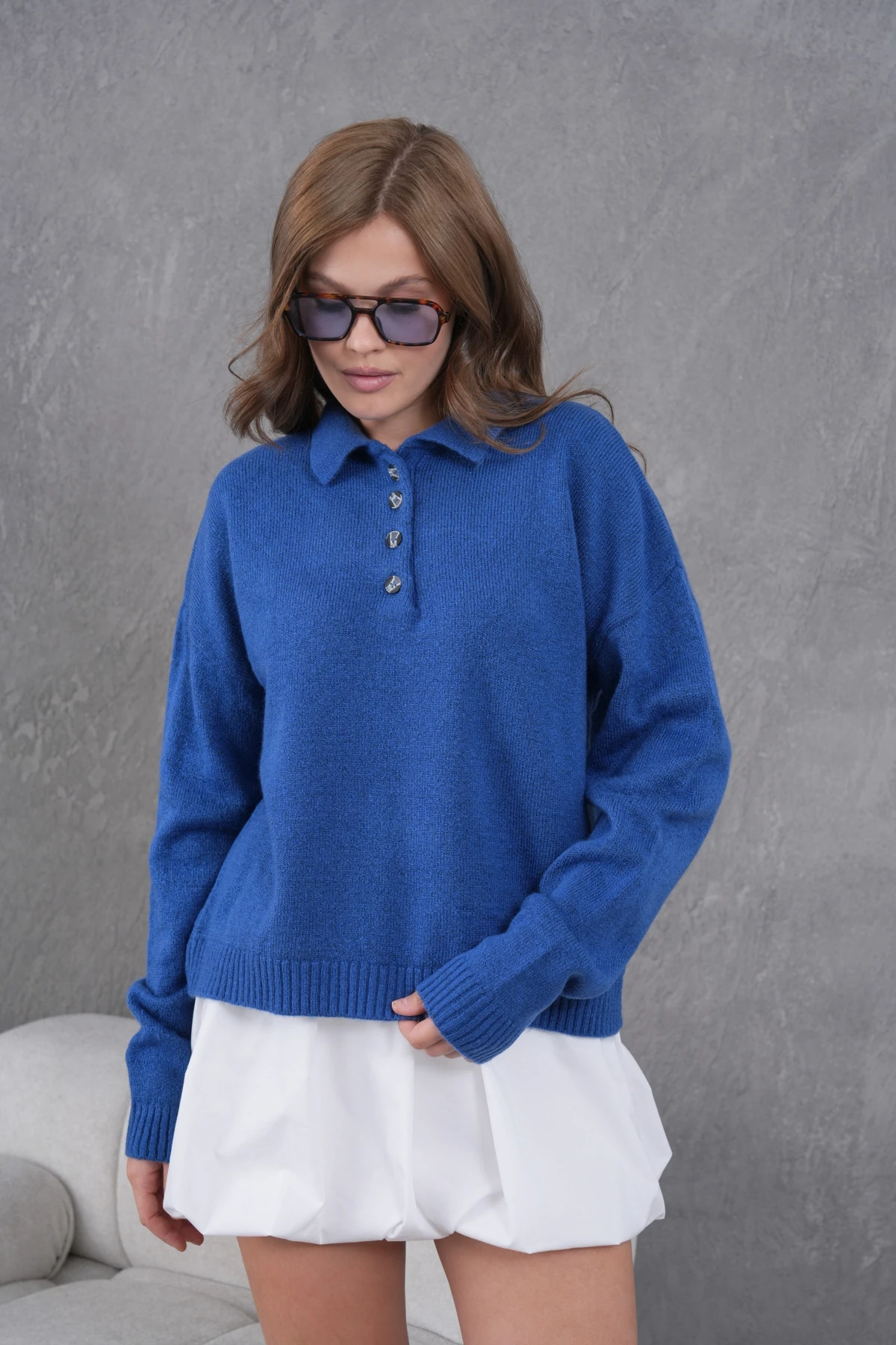 Kadınpolo Yaka Yarım Pat Düğme Salaş Triko Kazak