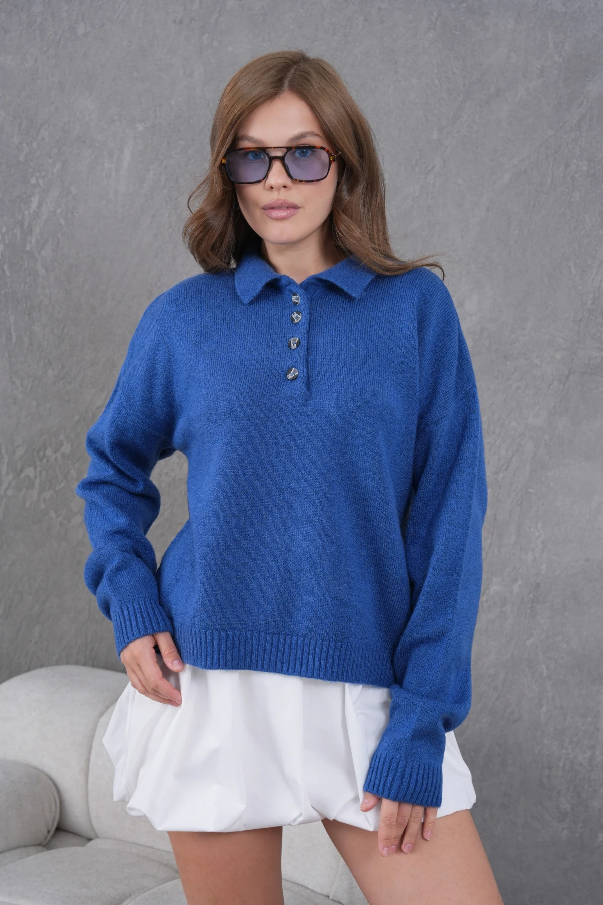 Kadınpolo Yaka Yarım Pat Düğme Salaş Triko Kazak