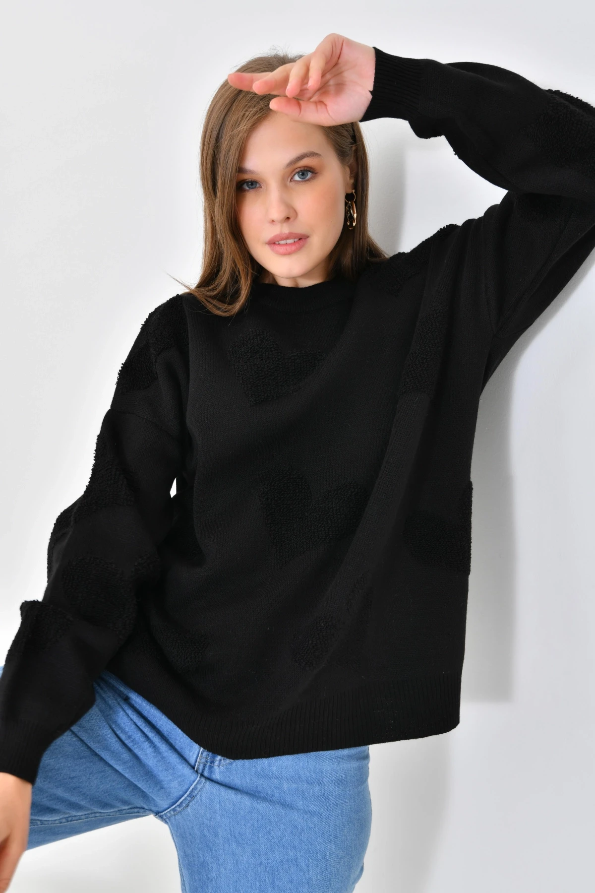 Kalp Desenli İnce Oversize Triko Kazak