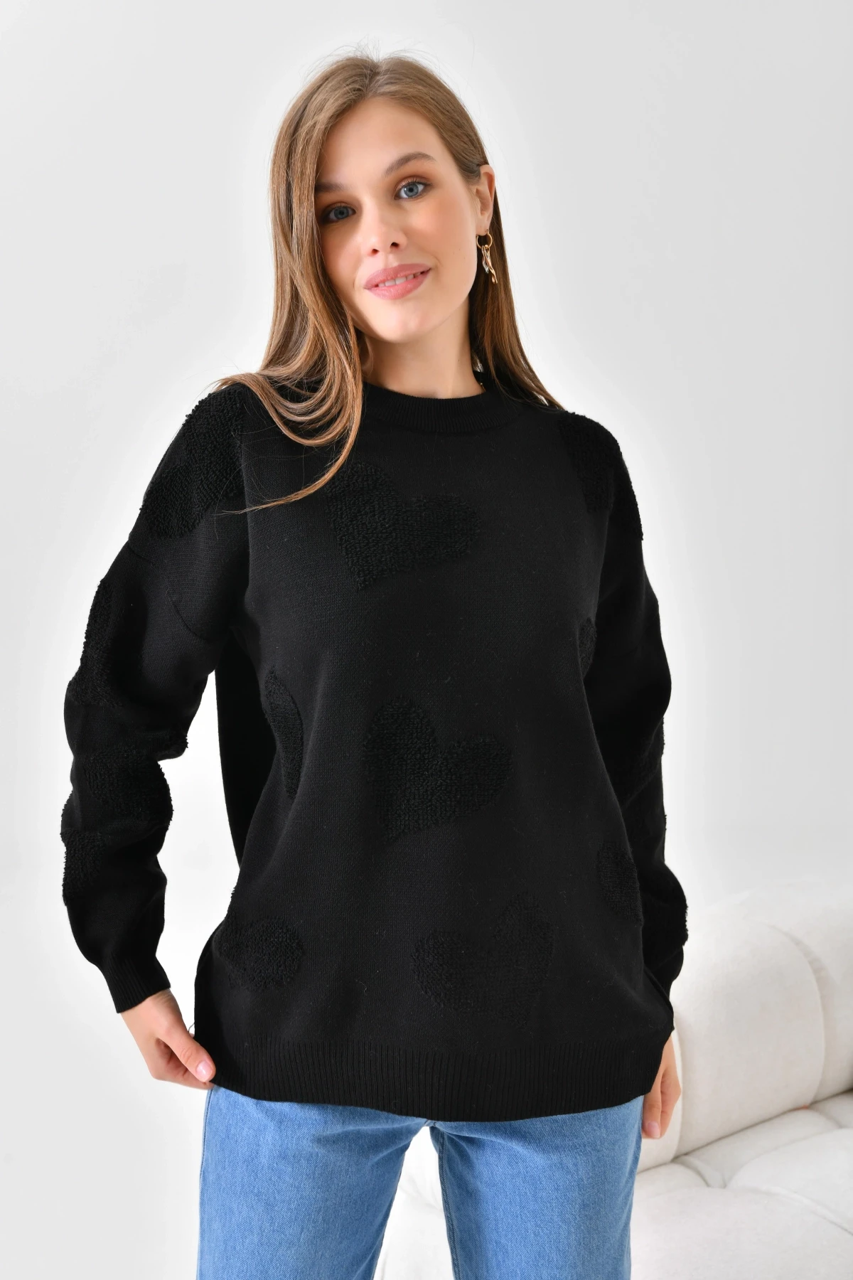 Kalp Desenli İnce Oversize Triko Kazak