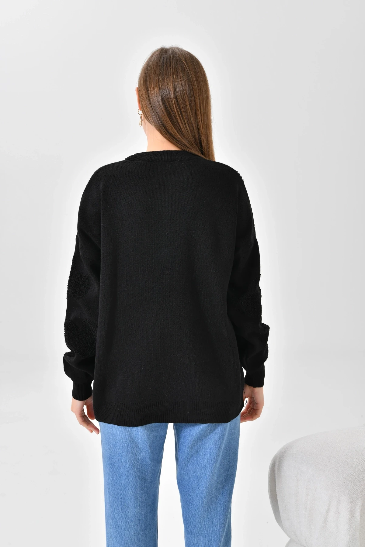 Kalp Desenli İnce Oversize Triko Kazak