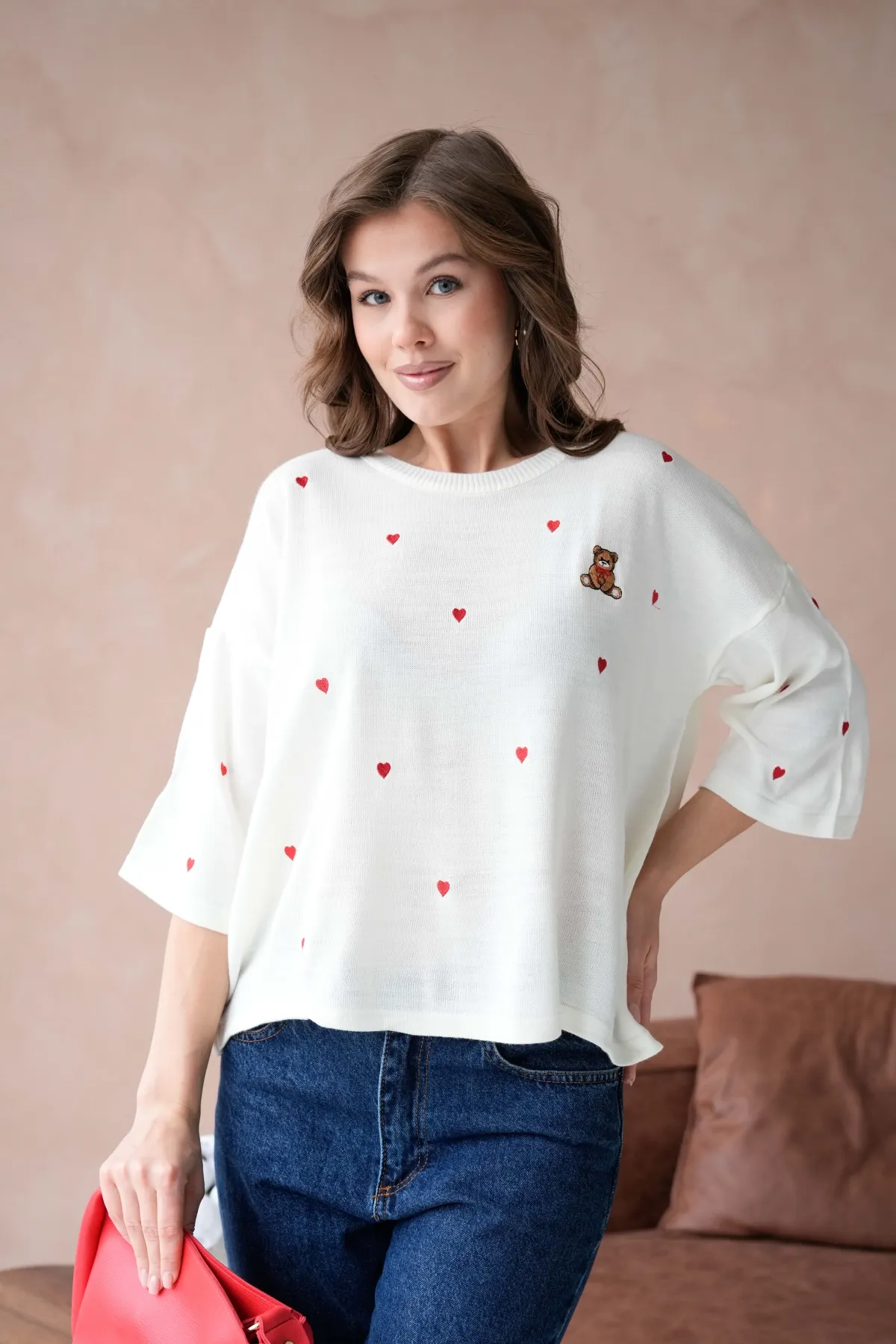 Kadın Bisiklet Yaka Nakış Detaylı Oversize Triko Kazak 10140