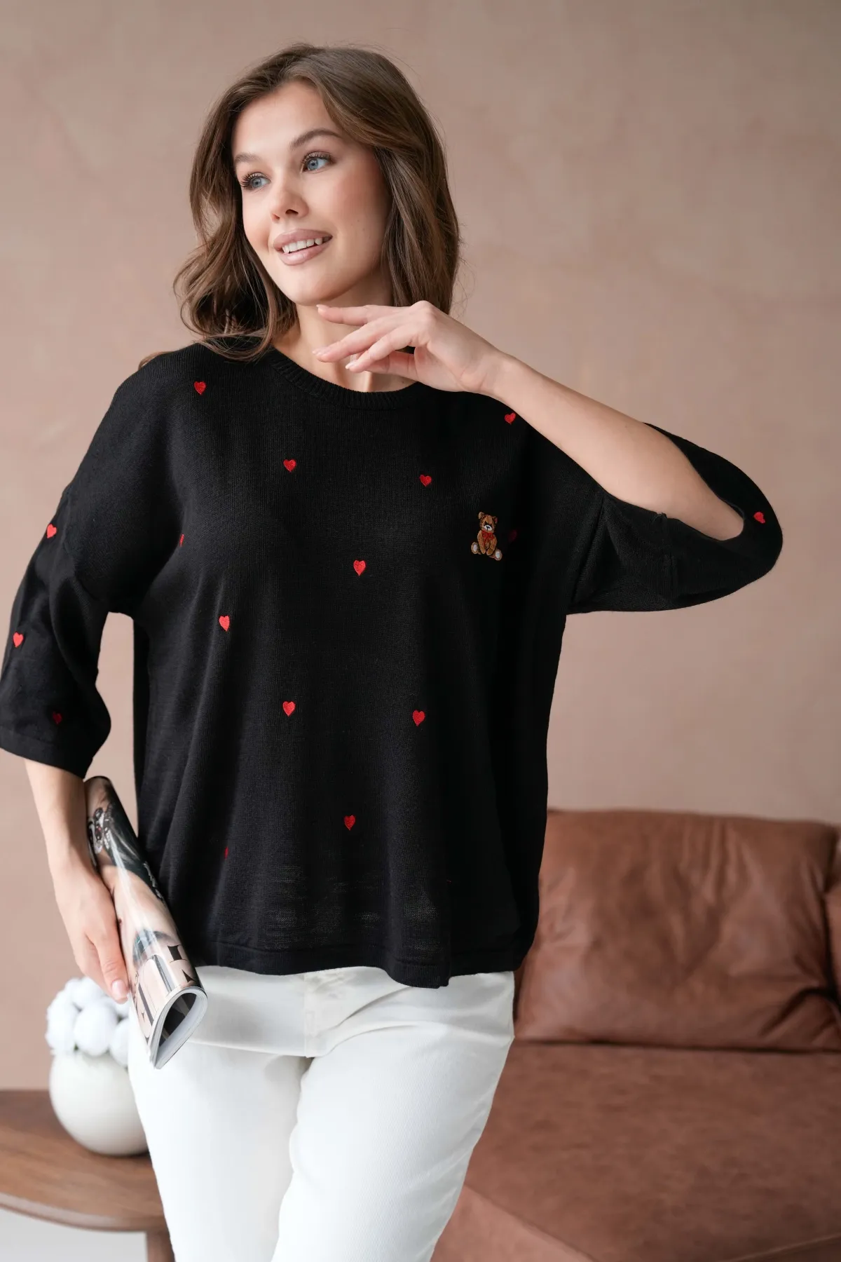 Kadın Bisiklet Yaka Nakış Detaylı Oversize Triko Kazak 10140