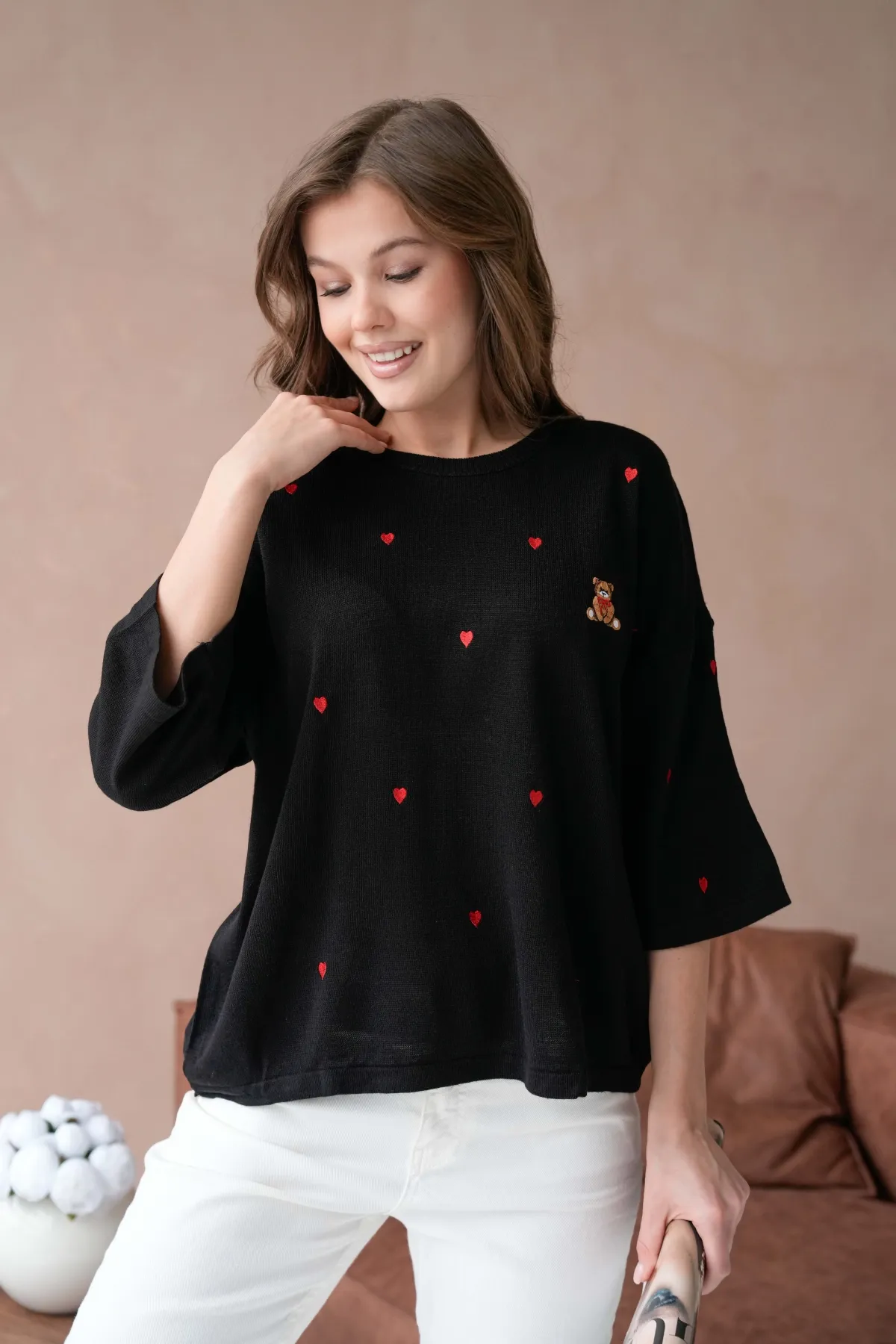 Kadın Bisiklet Yaka Nakış Detaylı Oversize Triko Kazak 10140