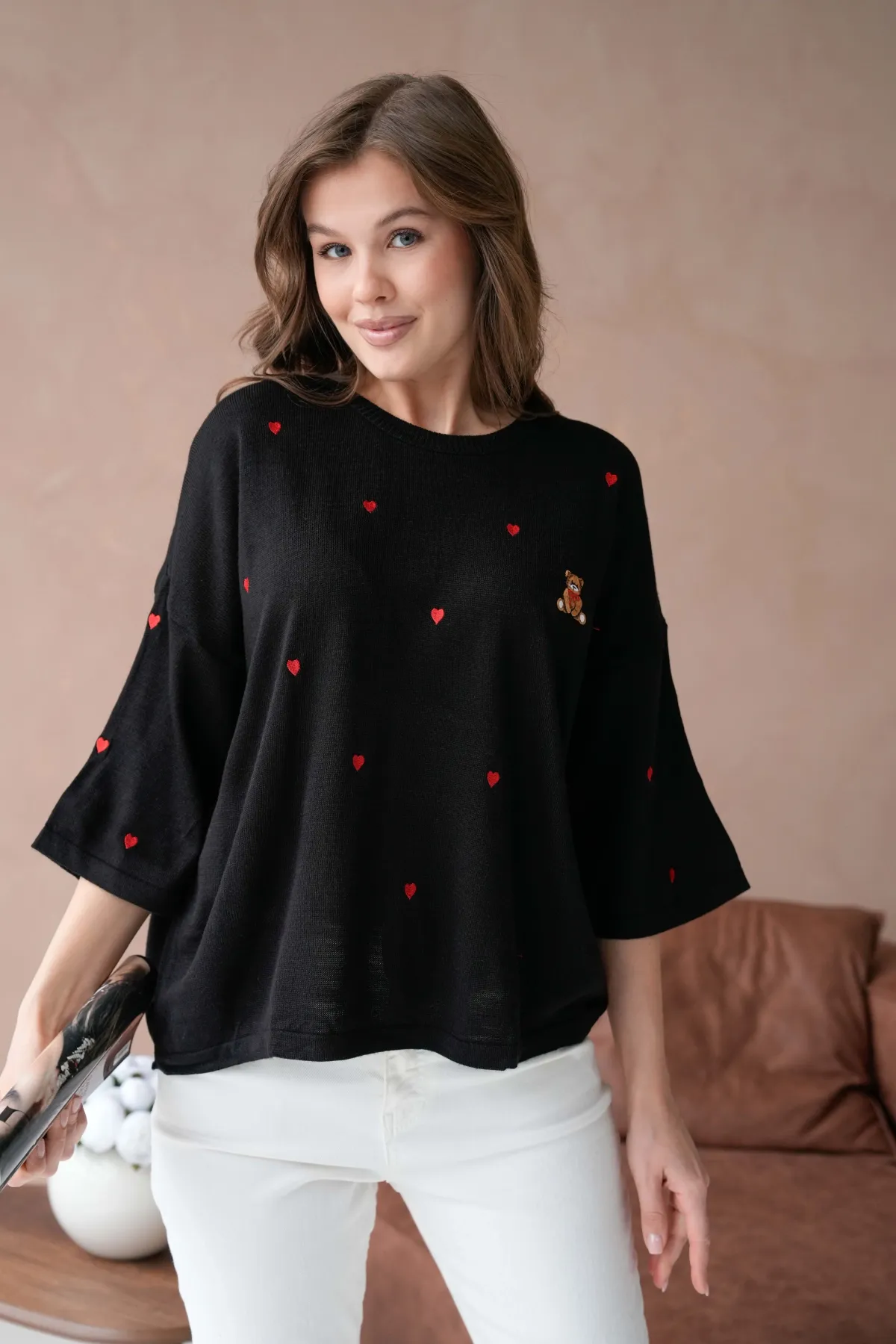 Kadın Bisiklet Yaka Nakış Detaylı Oversize Triko Kazak 10140