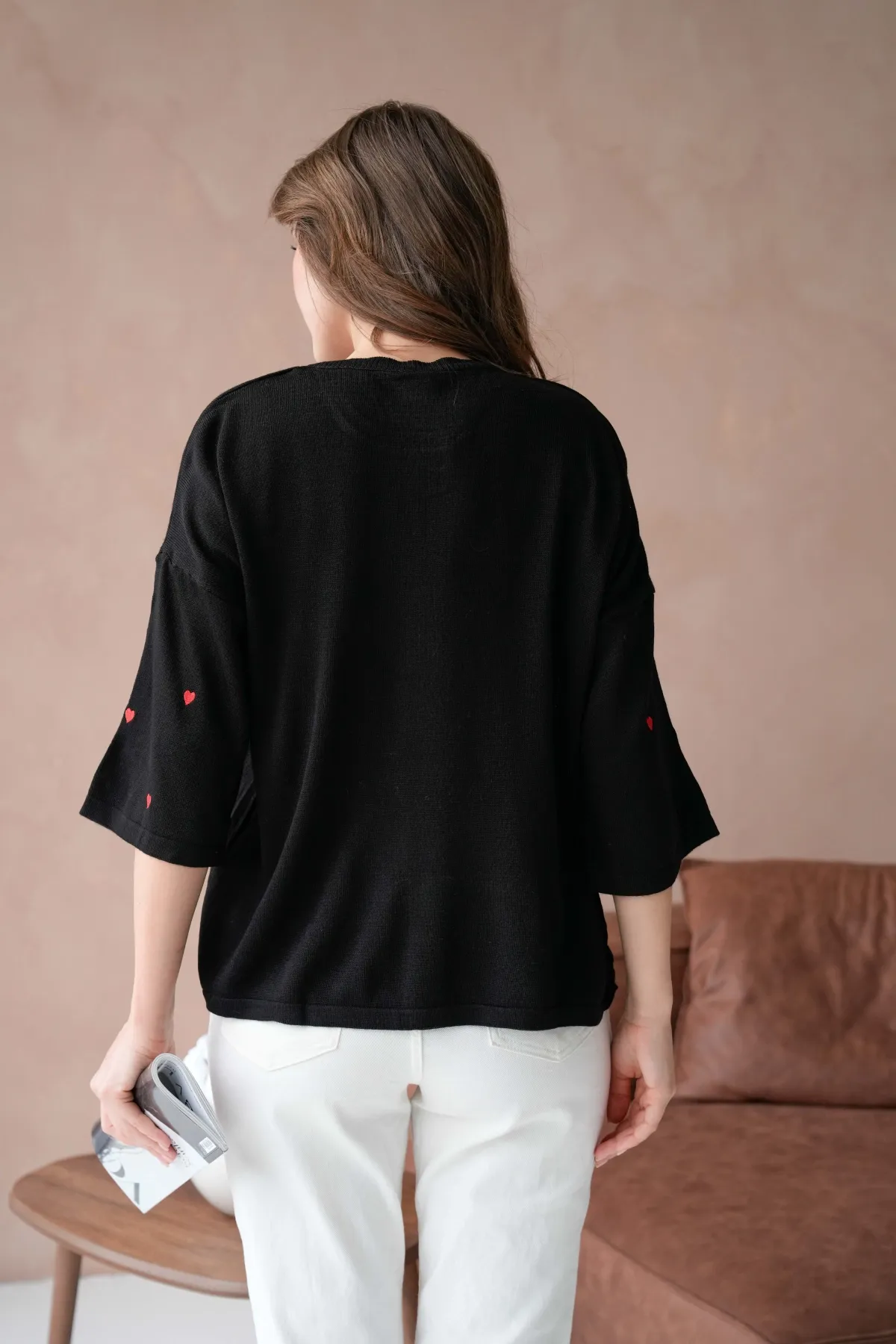 Kadın Bisiklet Yaka Nakış Detaylı Oversize Triko Kazak 10140