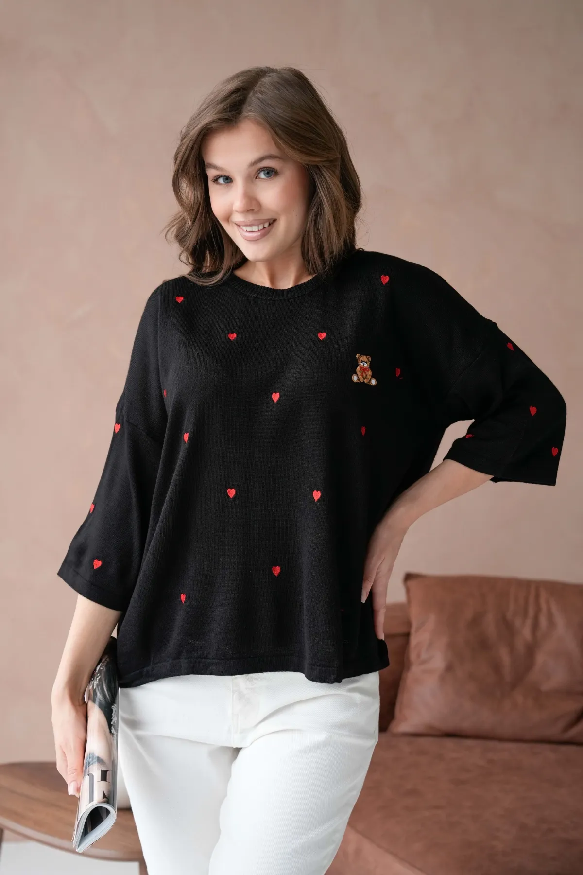 Kadın Bisiklet Yaka Nakış Detaylı Oversize Triko Kazak 10140