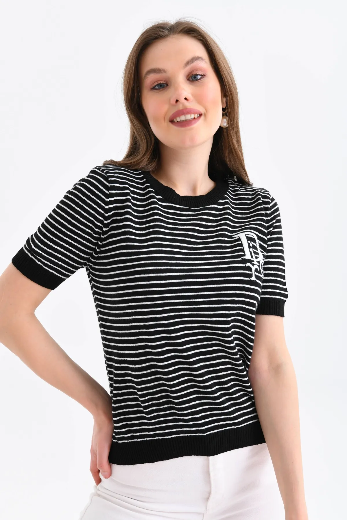 Kadın Bisiklet Yaka Çizgi Desenli triko Kazak 10150