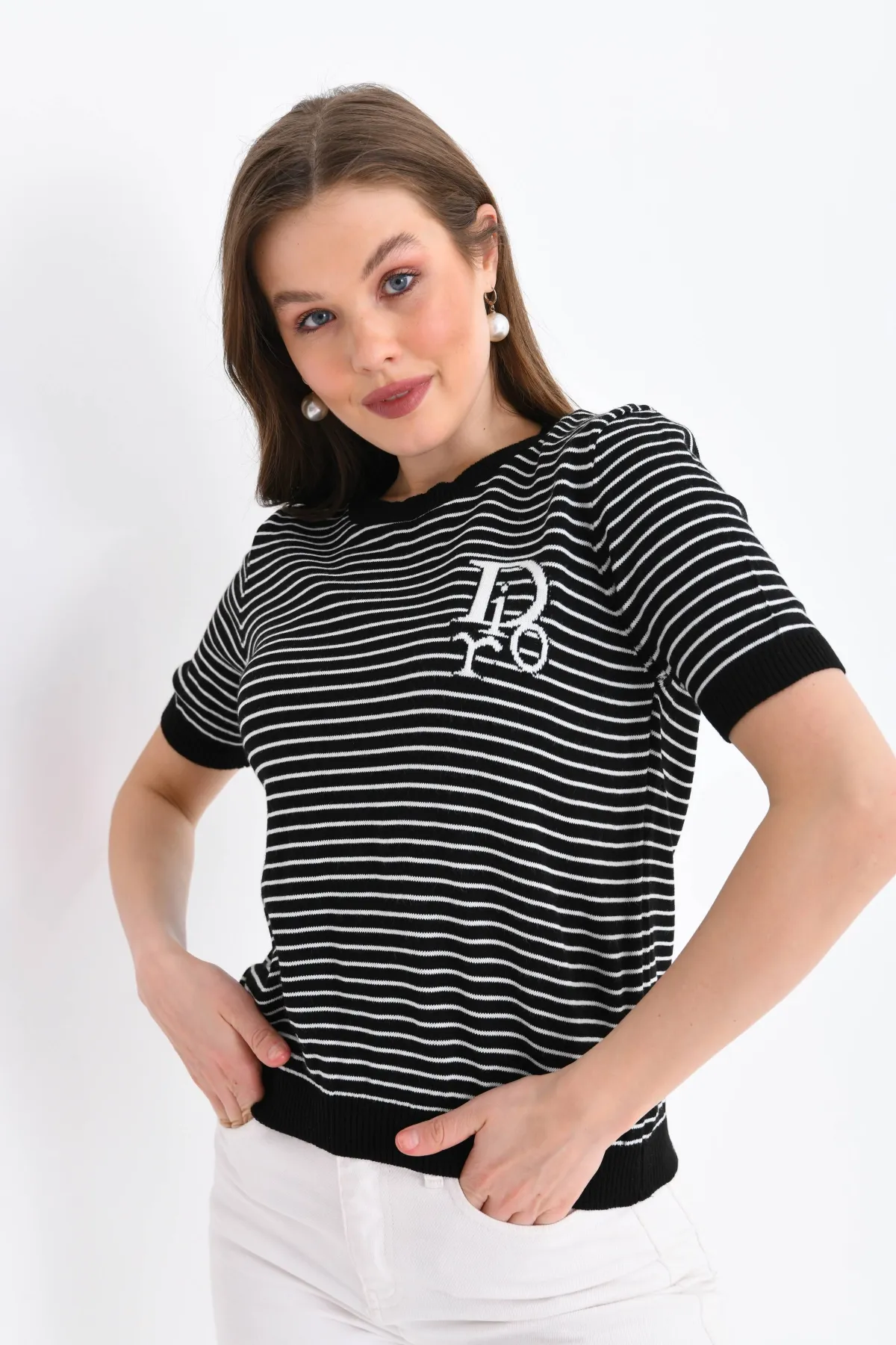 Kadın Bisiklet Yaka Çizgi Desenli triko Kazak 10150