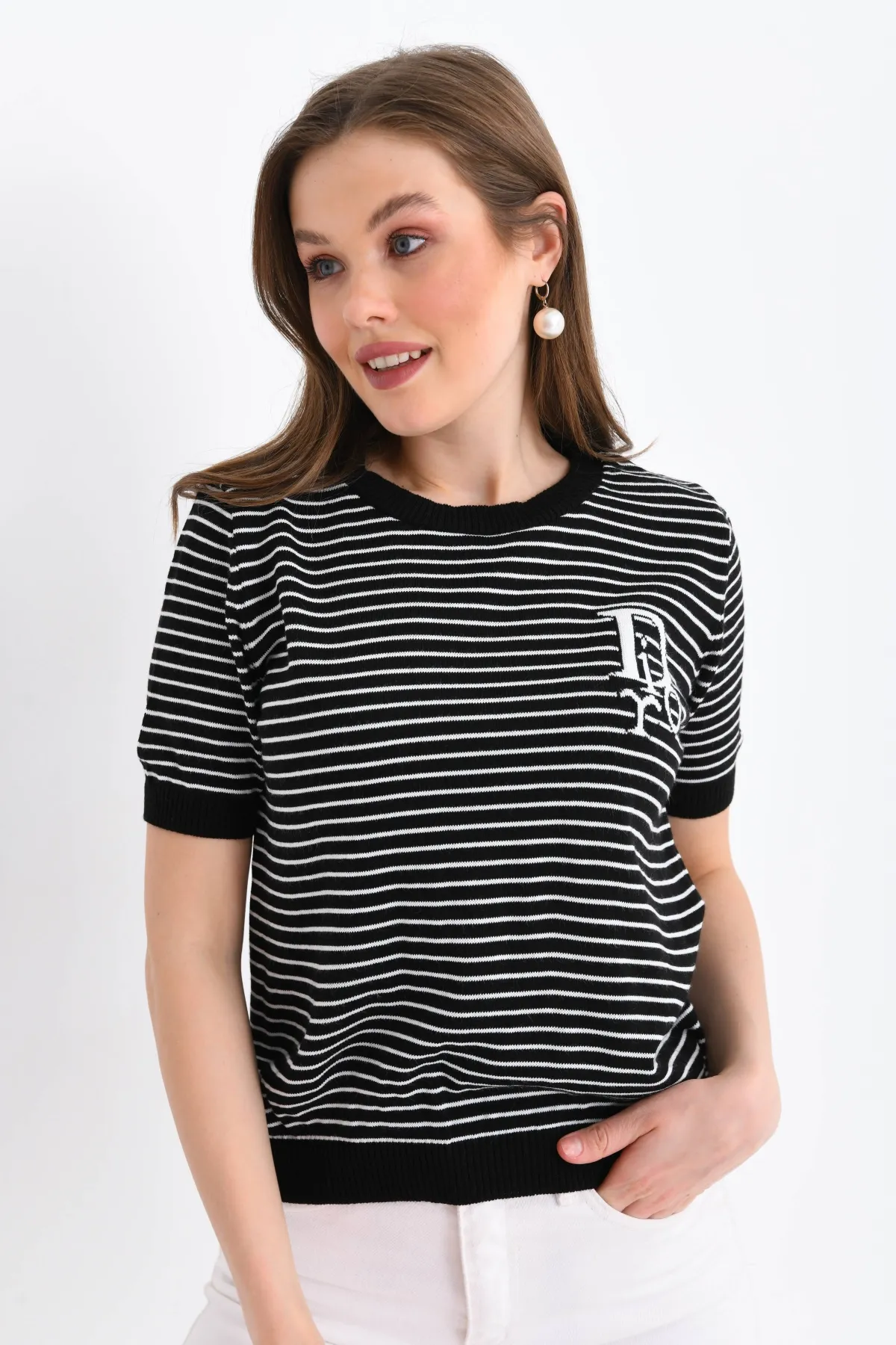 Kadın Bisiklet Yaka Çizgi Desenli triko Kazak 10150