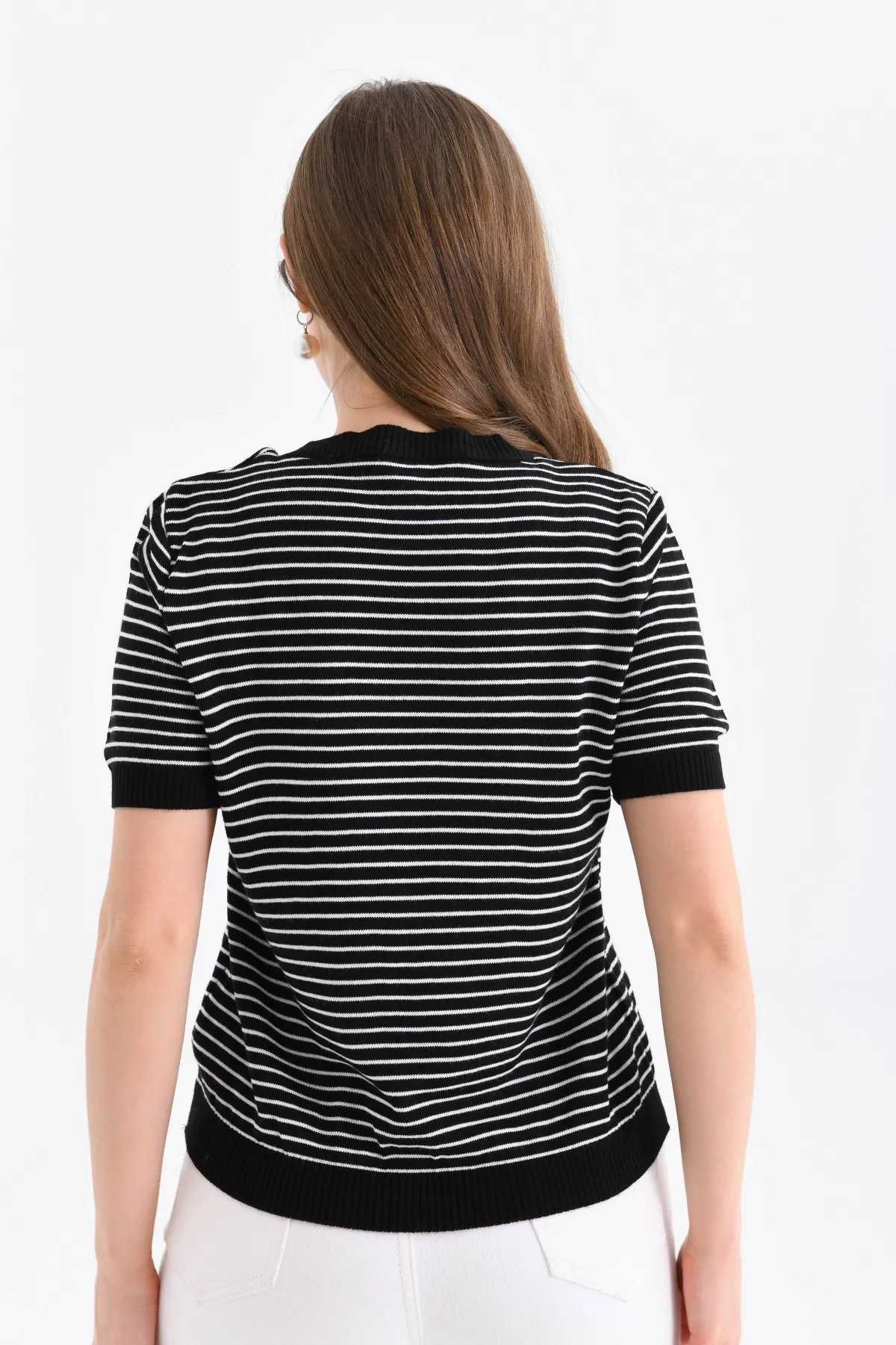 Kadın Bisiklet Yaka Çizgi Desenli triko Kazak 10150