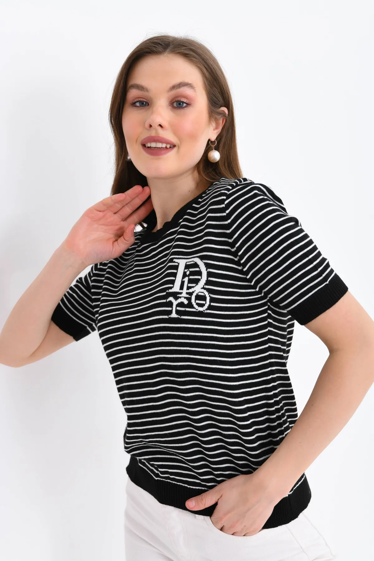 Kadın Bisiklet Yaka Çizgi Desenli triko Kazak 10150