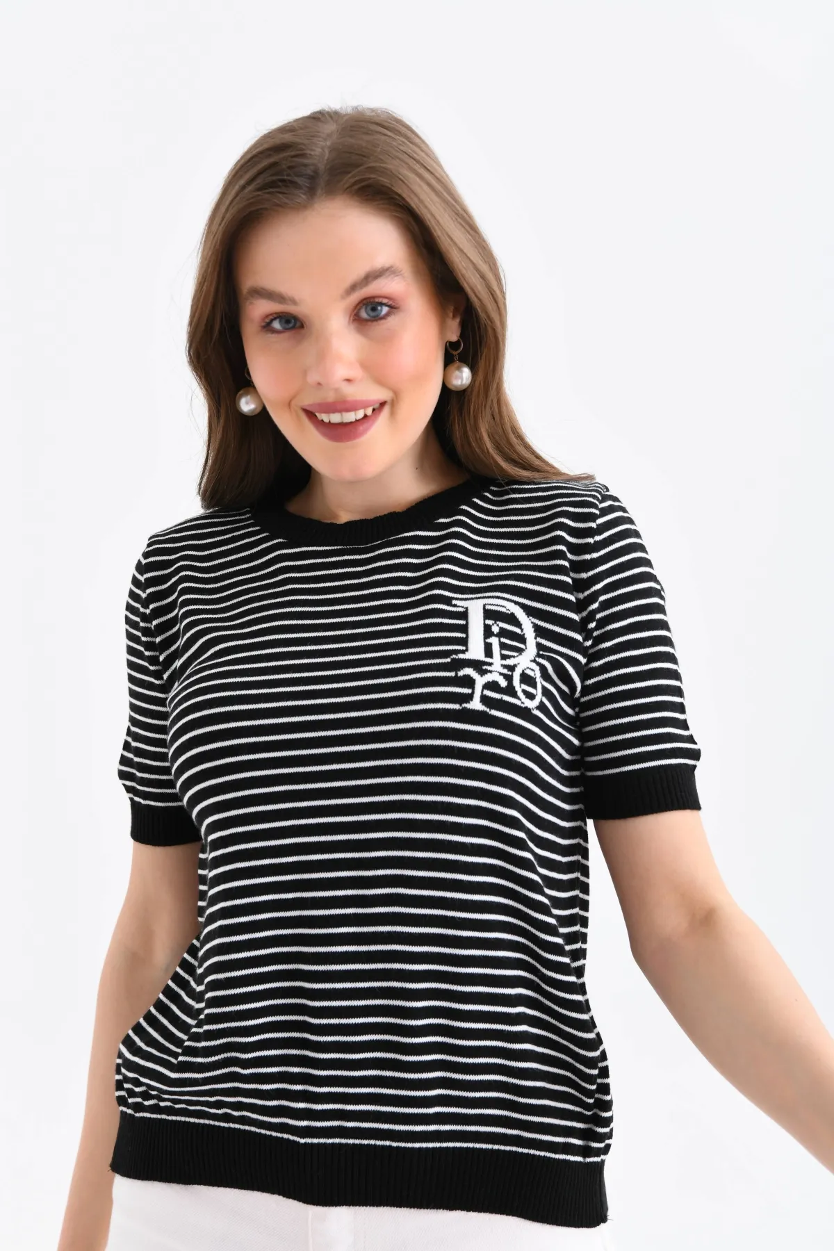 Kadın Bisiklet Yaka Çizgi Desenli triko Kazak 10150