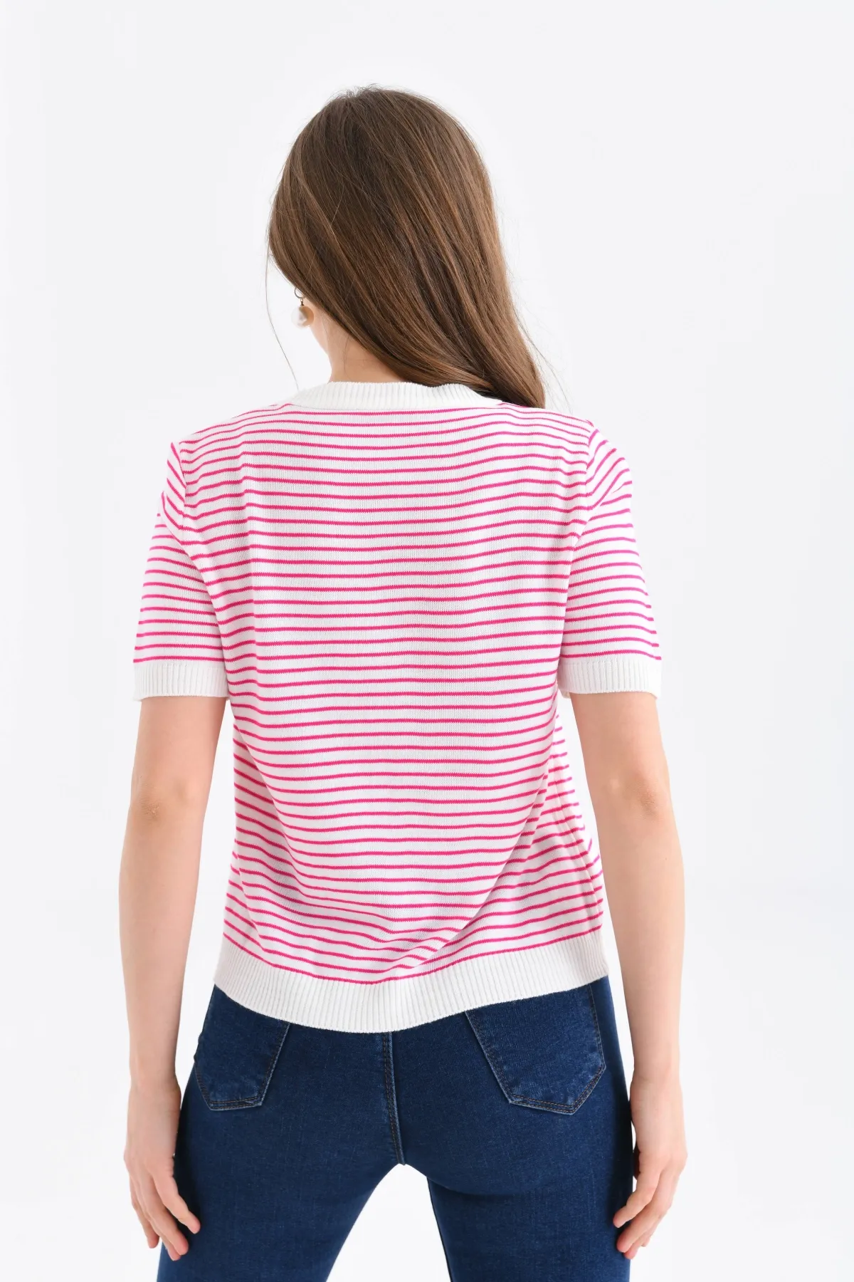 Kadın Bisiklet Yaka Çizgi Desenli triko Kazak 10150