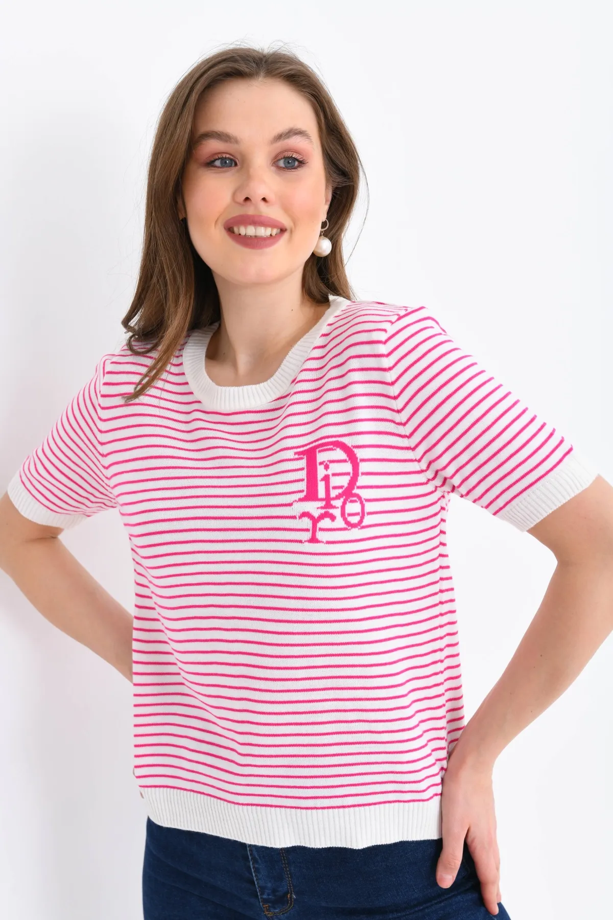 Kadın Bisiklet Yaka Çizgi Desenli triko Kazak 10150