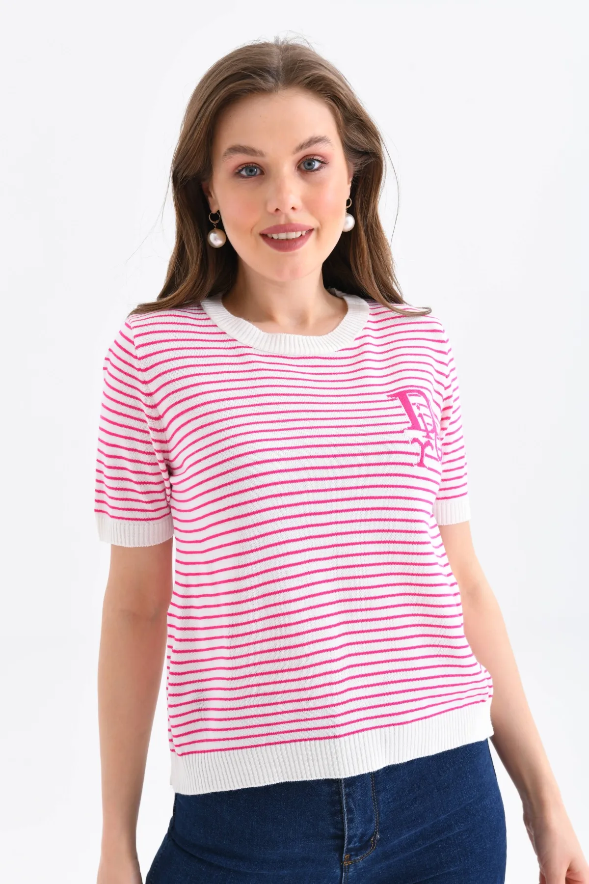 Kadın Bisiklet Yaka Çizgi Desenli triko Kazak 10150