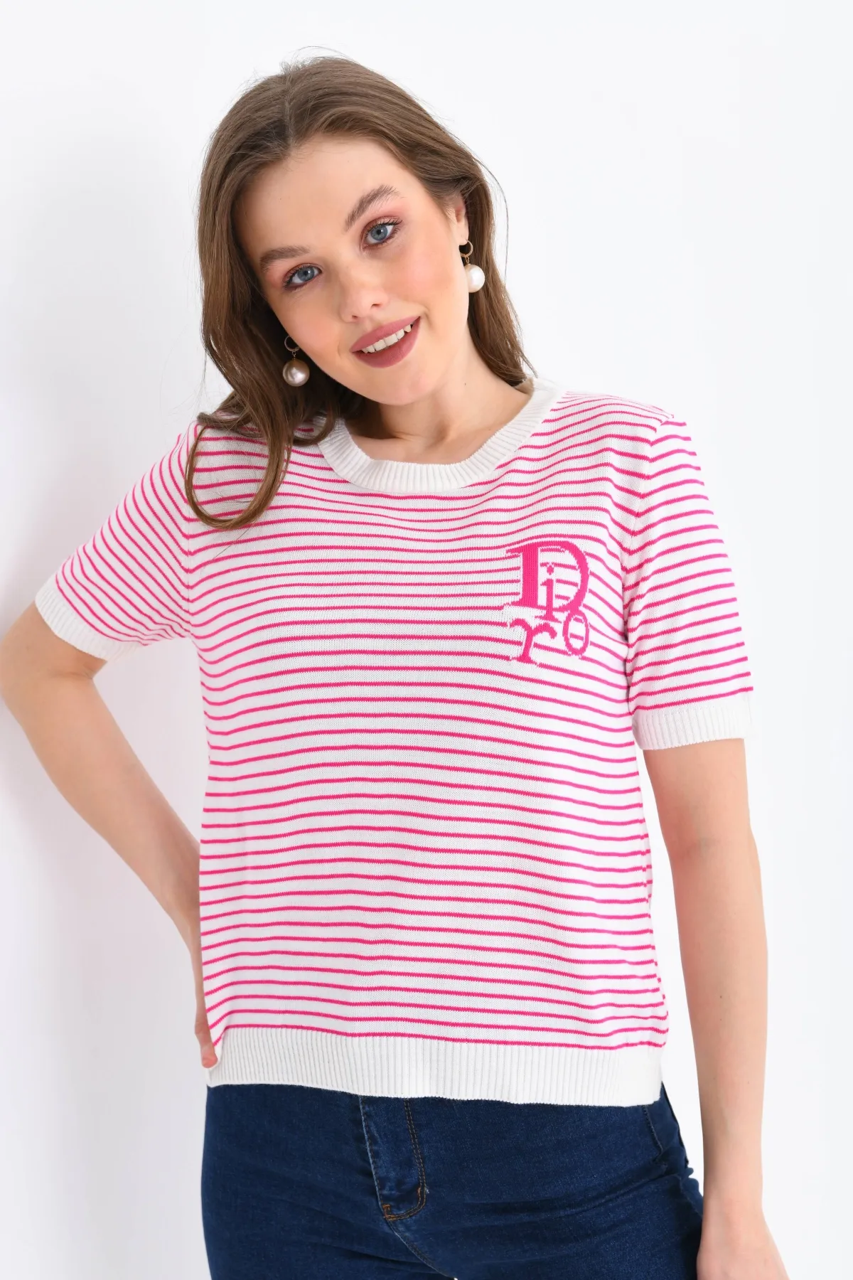 Kadın Bisiklet Yaka Çizgi Desenli triko Kazak 10150