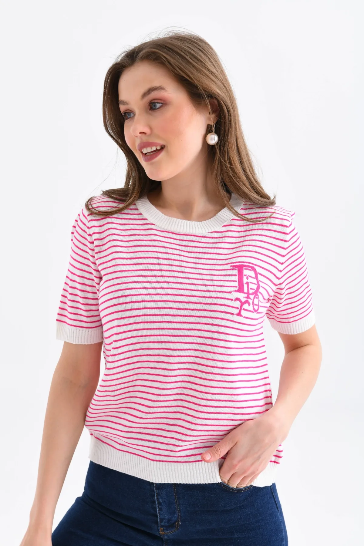 Kadın Bisiklet Yaka Çizgi Desenli triko Kazak 10150
