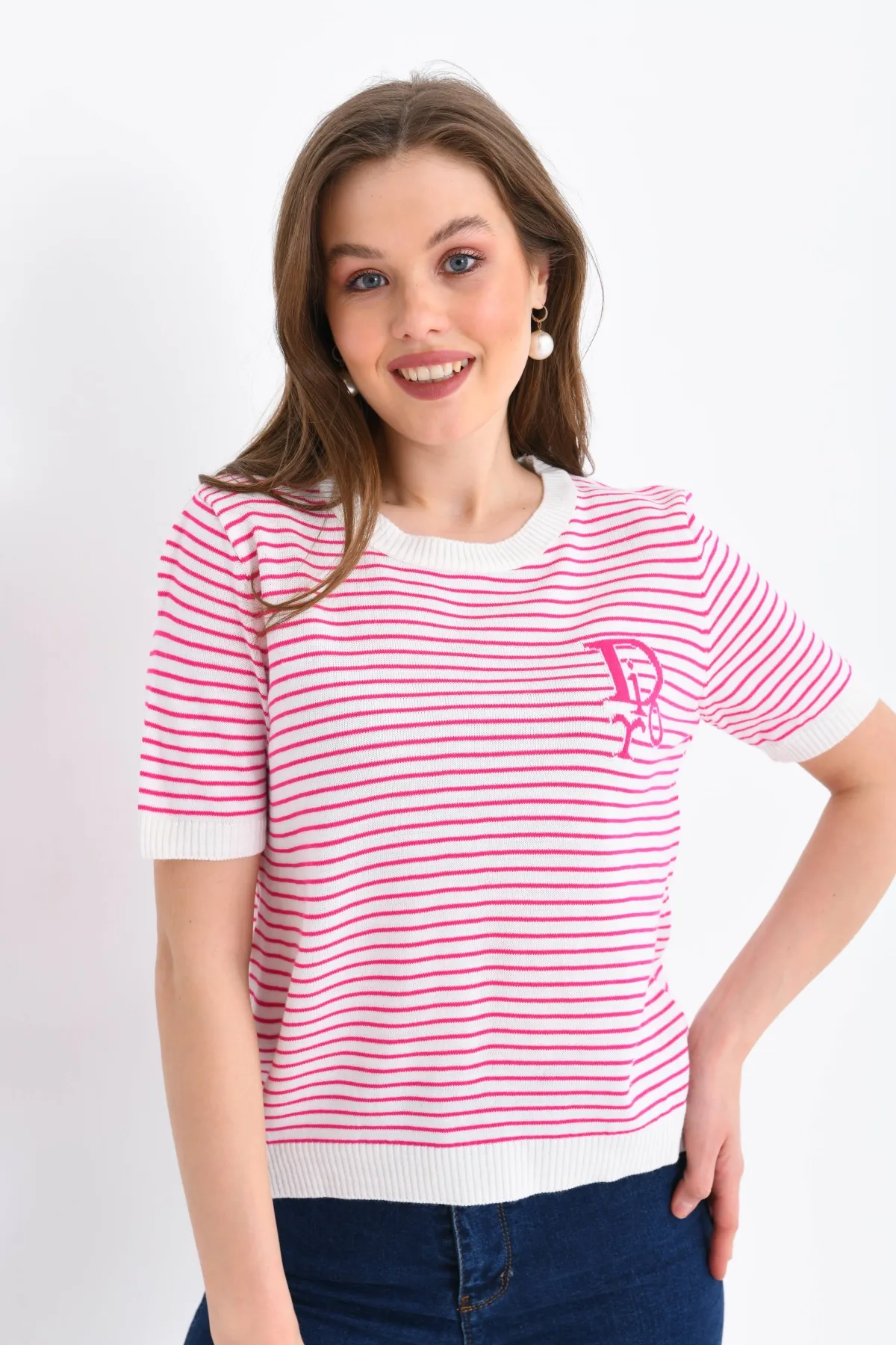 Kadın Bisiklet Yaka Çizgi Desenli triko Kazak 10150