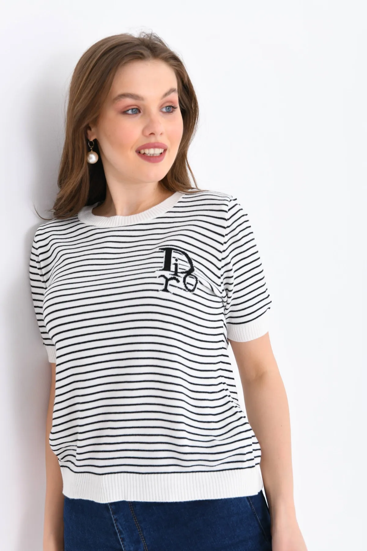 Kadın Bisiklet Yaka Çizgi Desenli triko Kazak 10150