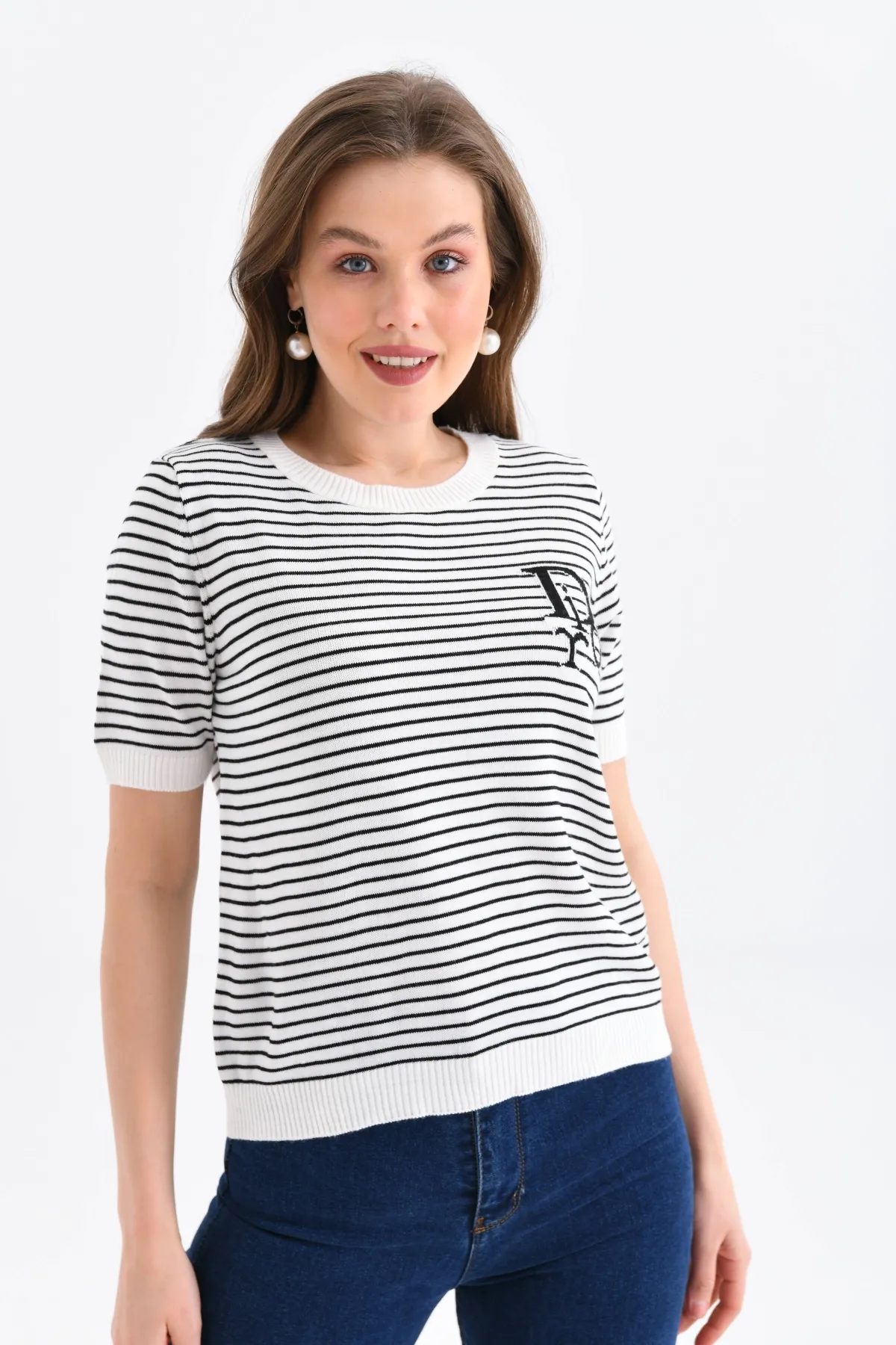 Kadın Bisiklet Yaka Çizgi Desenli triko Kazak 10150