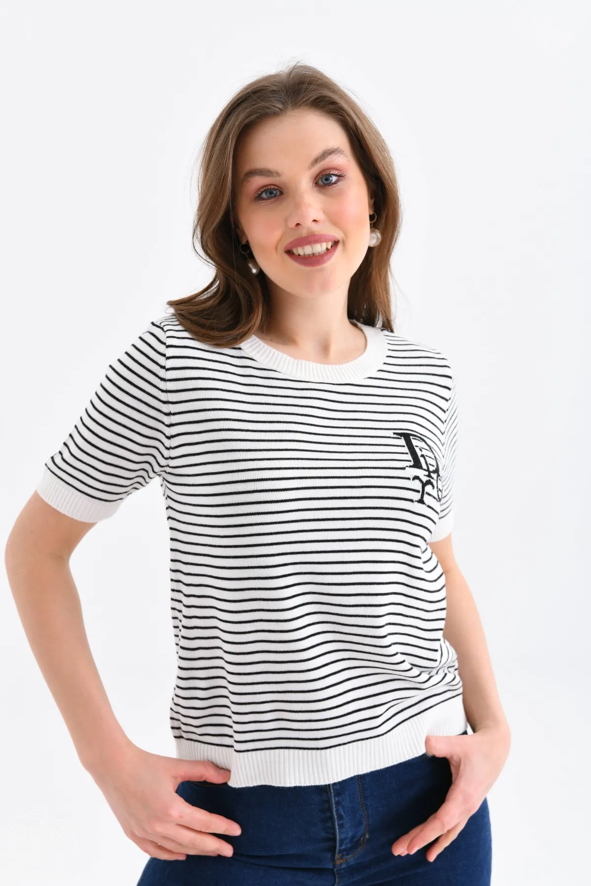 Kadın Bisiklet Yaka Çizgi Desenli triko Kazak 10150