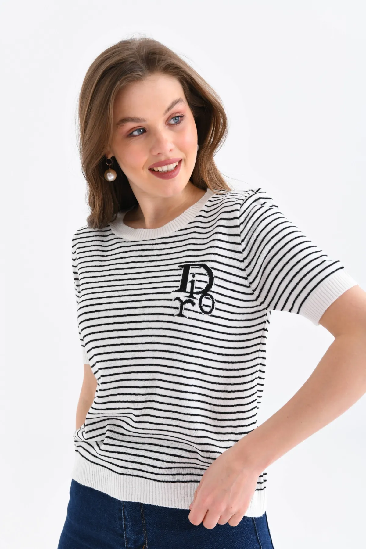 Kadın Bisiklet Yaka Çizgi Desenli triko Kazak 10150