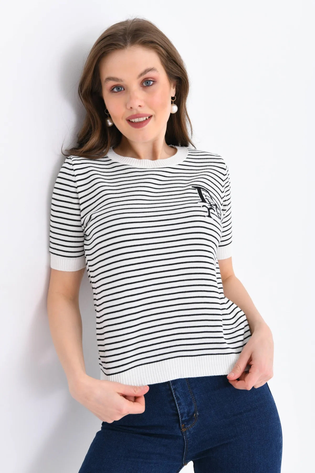 Kadın Bisiklet Yaka Çizgi Desenli triko Kazak 10150