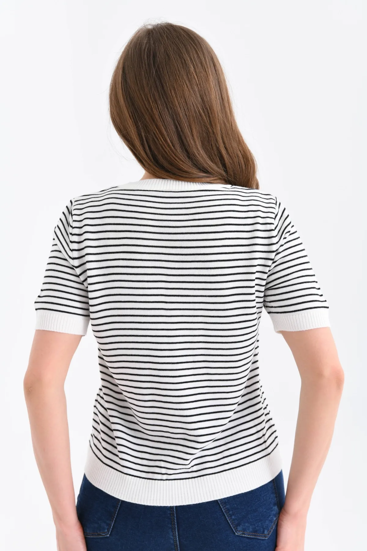 Kadın Bisiklet Yaka Çizgi Desenli triko Kazak 10150